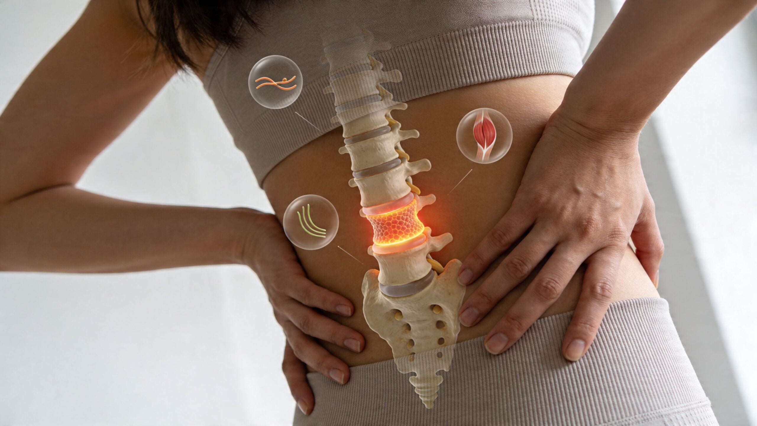 A woman holding her lower back with a visual overlay showing a painful, inflamed lumbar spinal disc.