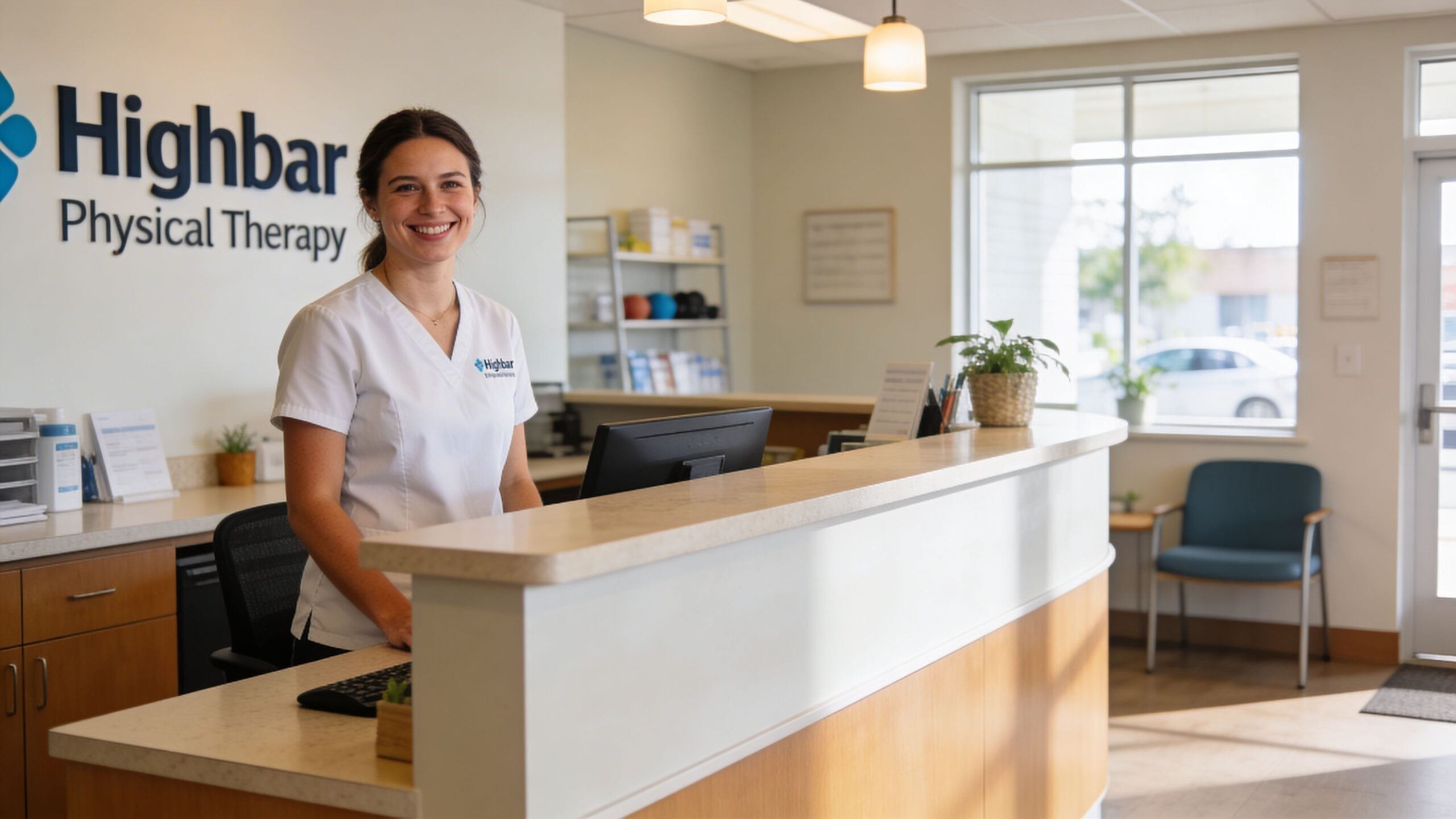 A friendly female receptionist smiling behind the front desk at a professional Highbar Physical Therapy clinic office.