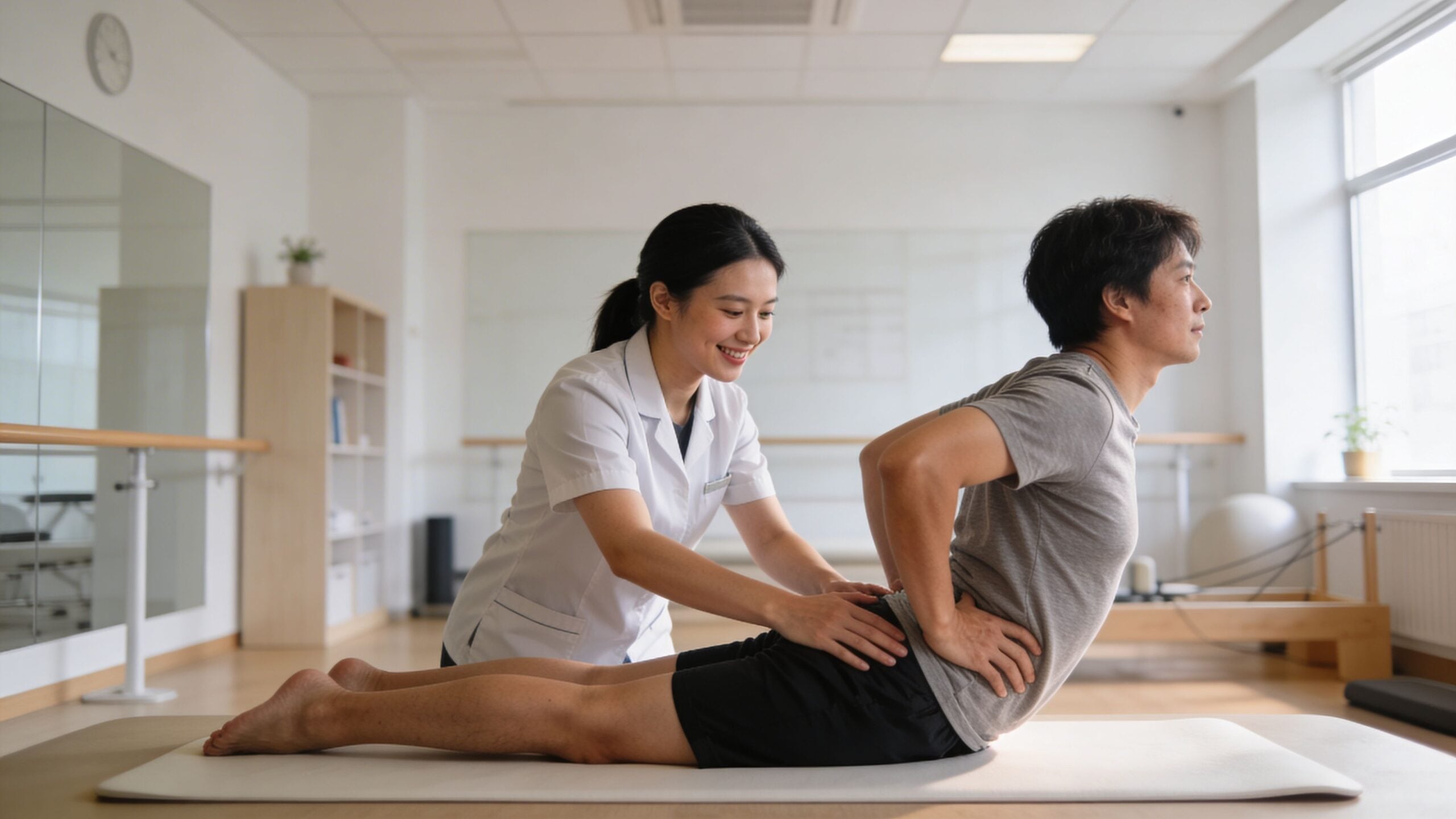 A female physical therapist assisting a man with back exercises on a mat in a bright clinic.