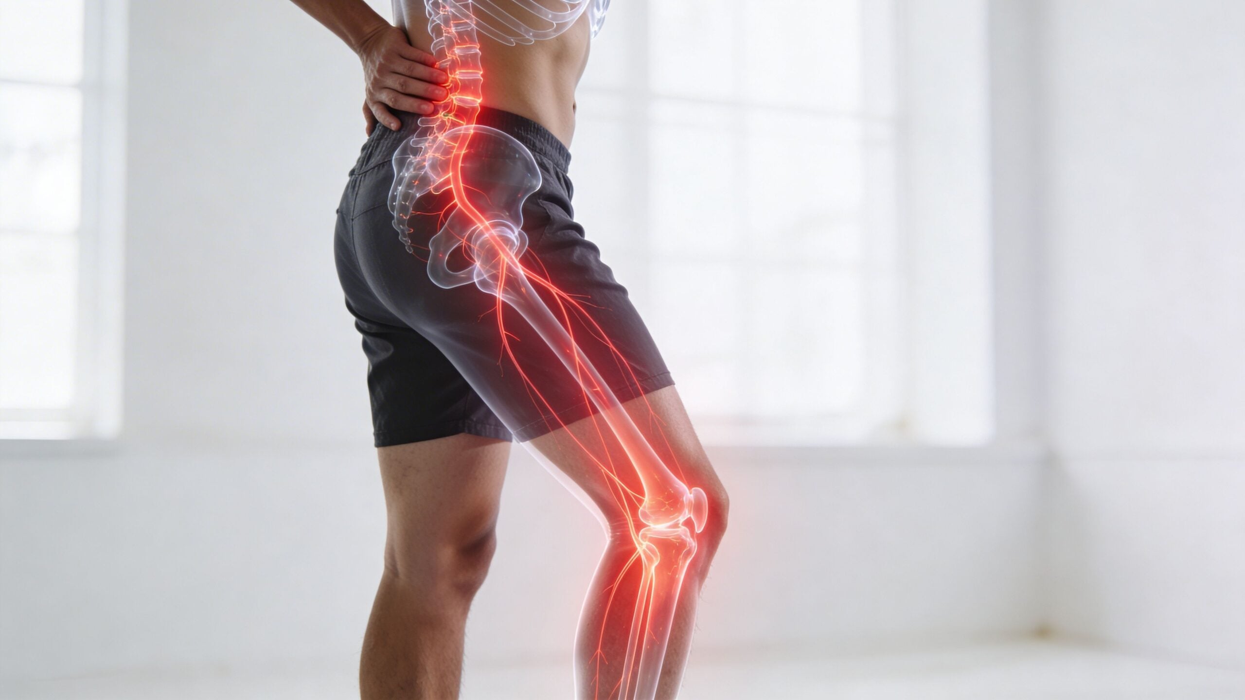 A 3D anatomical visualization of a glowing red nerve path running from the lower back down the leg.
