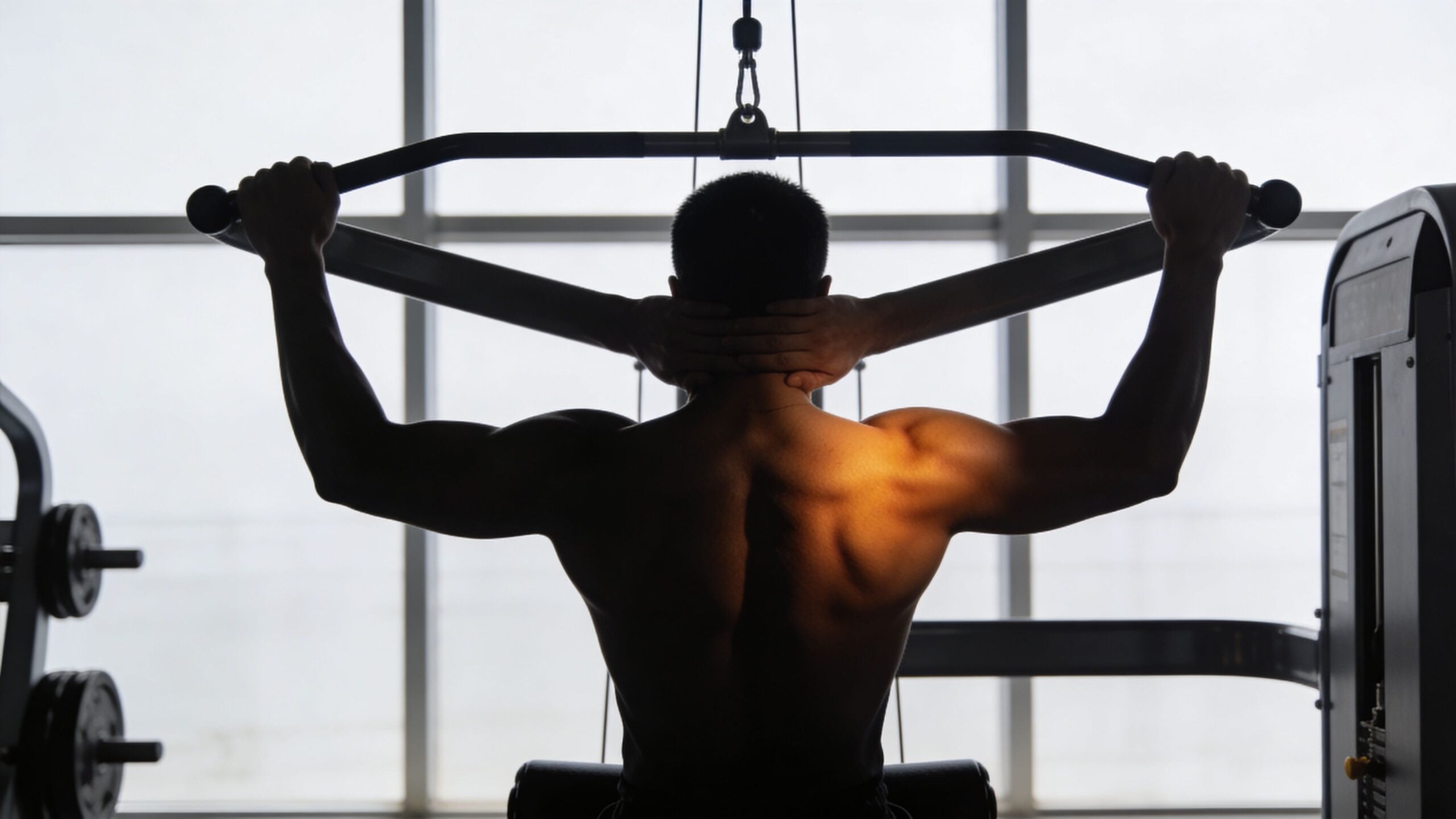 A fit shirtless man performing a behind-the-neck lat pulldown exercise in a gym with backlighting.