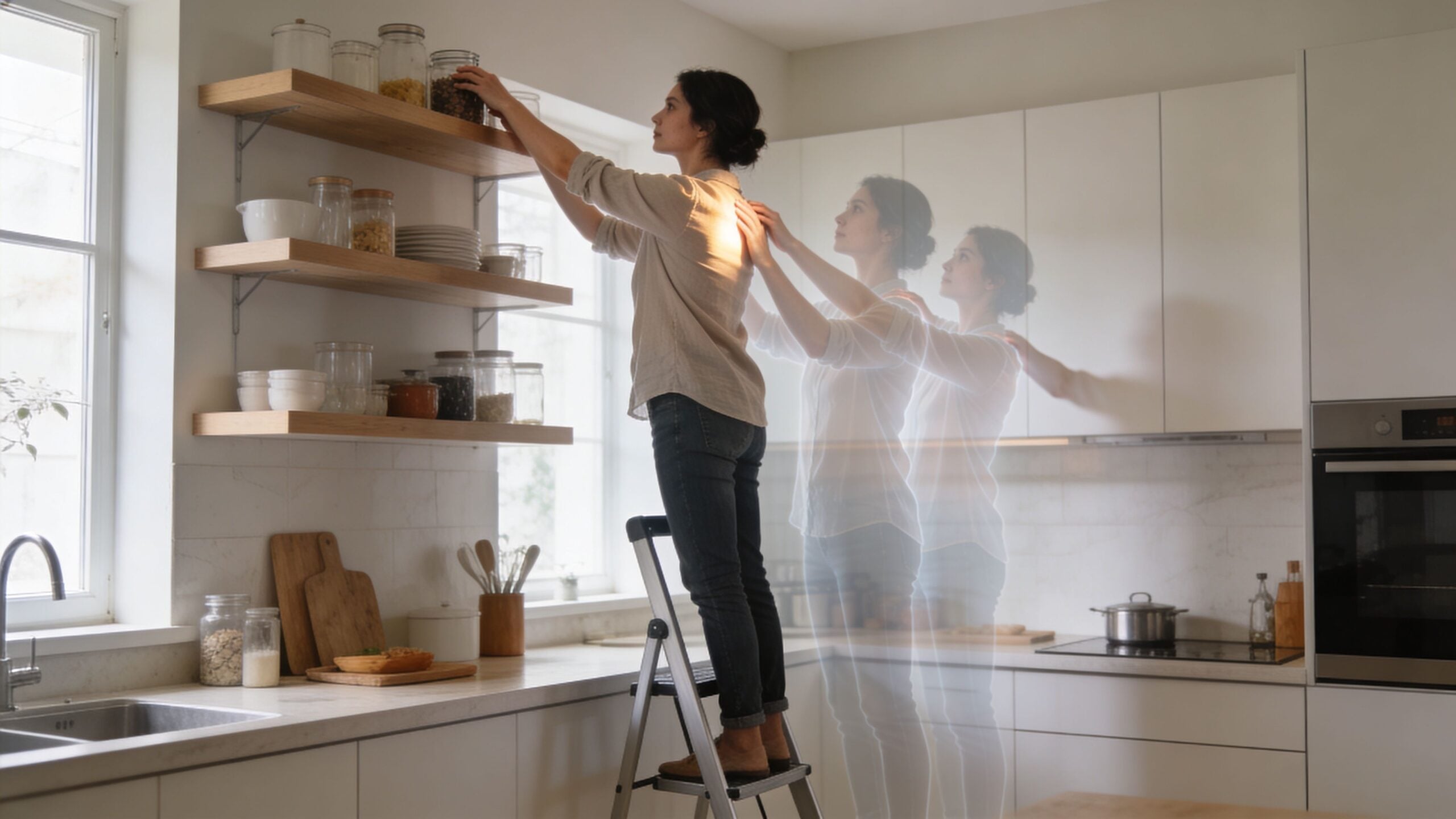 A woman reaching for a high shelf while experiencing motion blur as if her shoulder is moving.