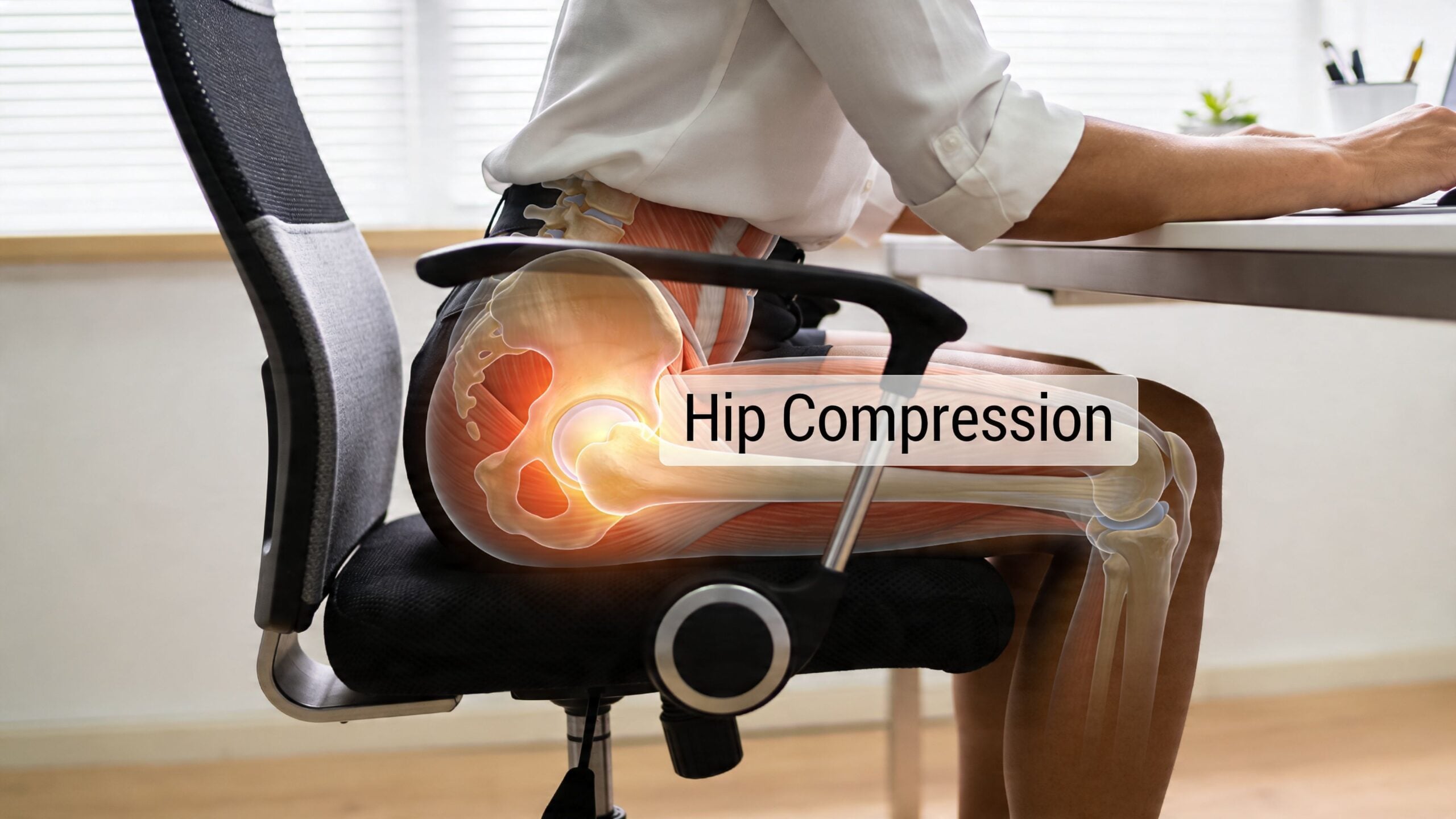 A digital illustration of hip compression caused by prolonged sitting in an office chair at a desk.