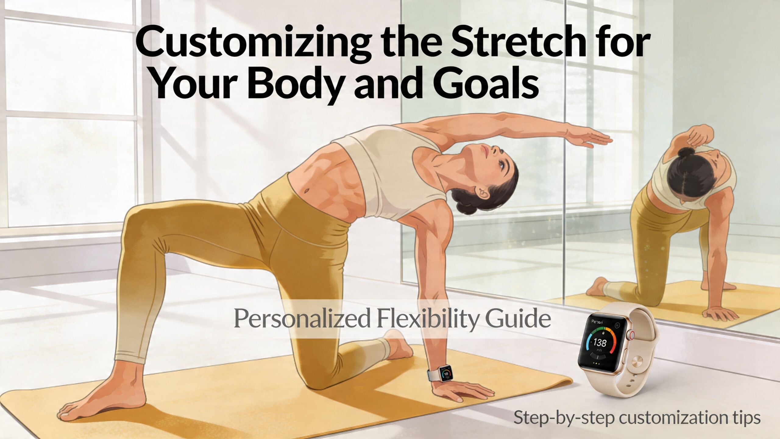 A woman performing a kneeling side stretch pose on a yoga mat with a fitness tracker.