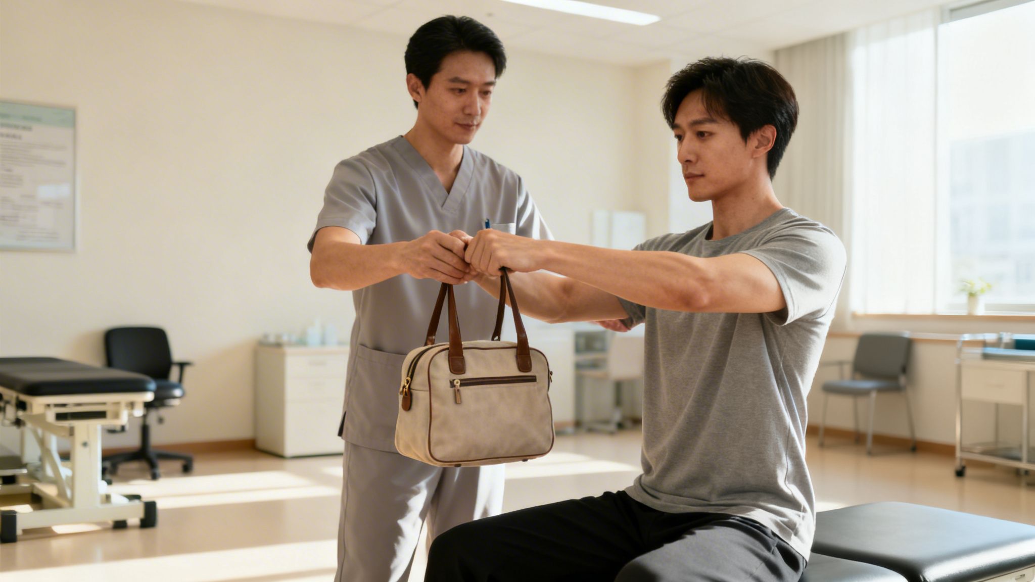 A male physical therapist guides a male patient through arm exercises with a weighted bag in a clinic.