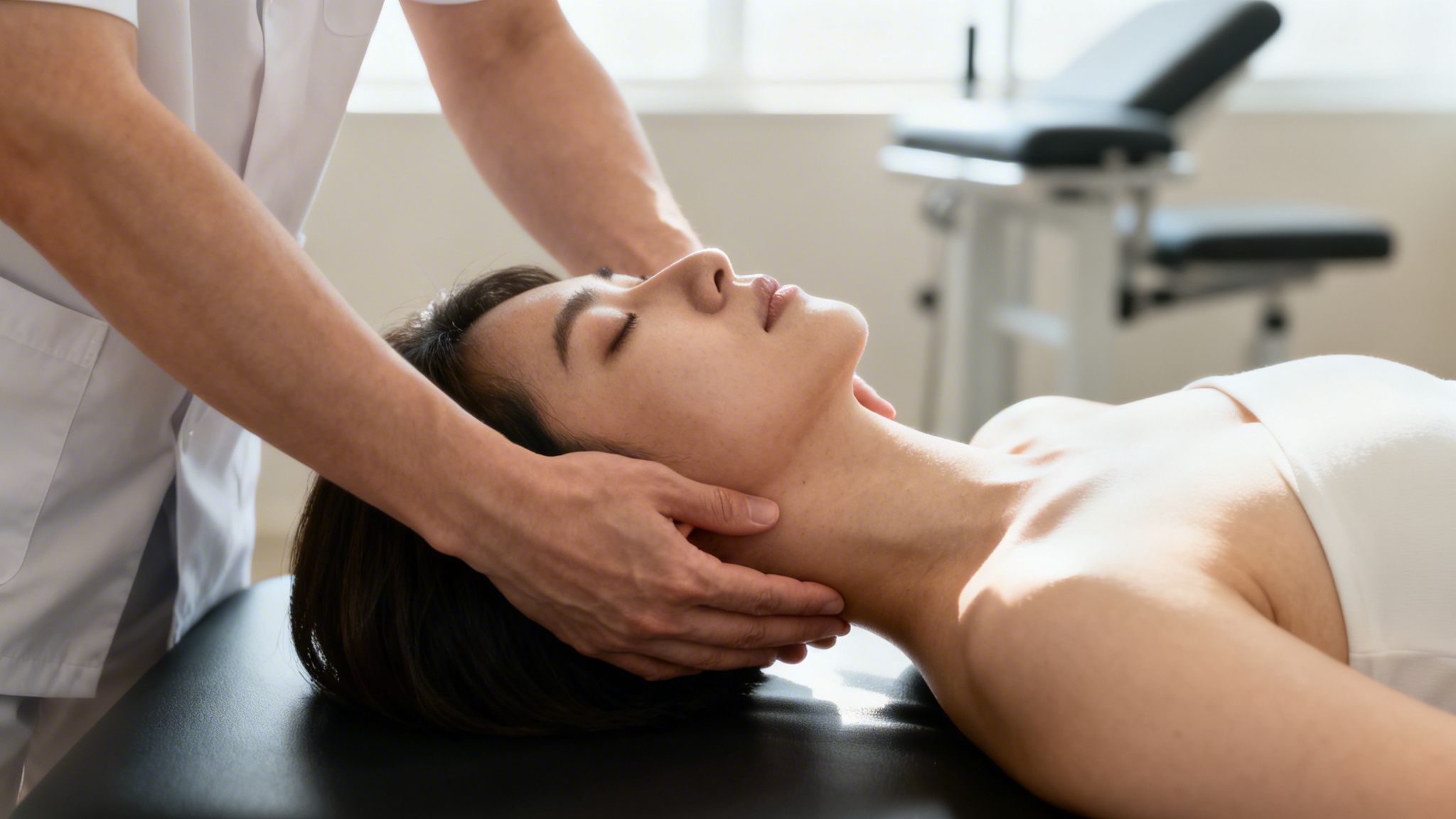 A woman lies relaxed on a table while a therapist performs physical therapy on her neck and head.