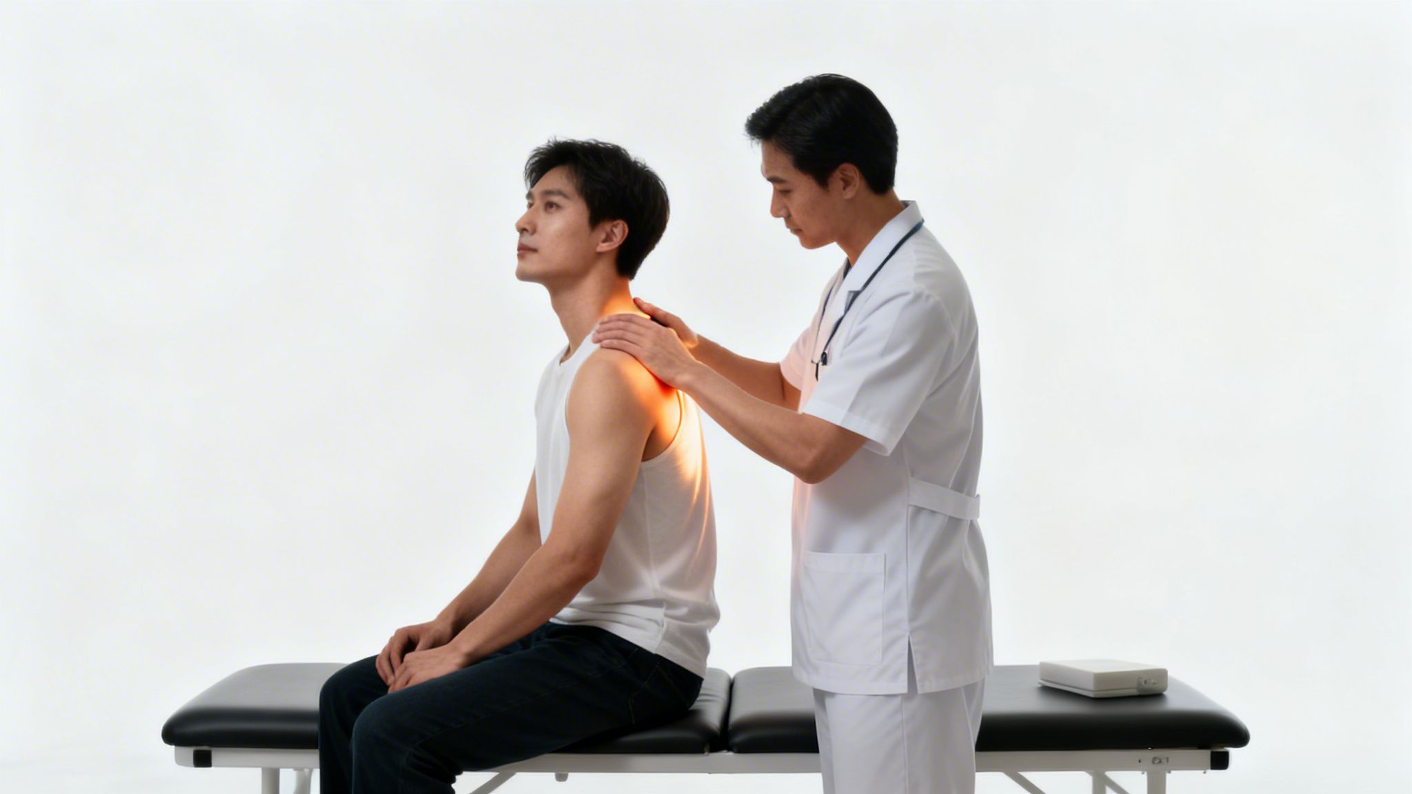A male doctor examines a patient's shoulder and neck, highlighted with an orange glow.