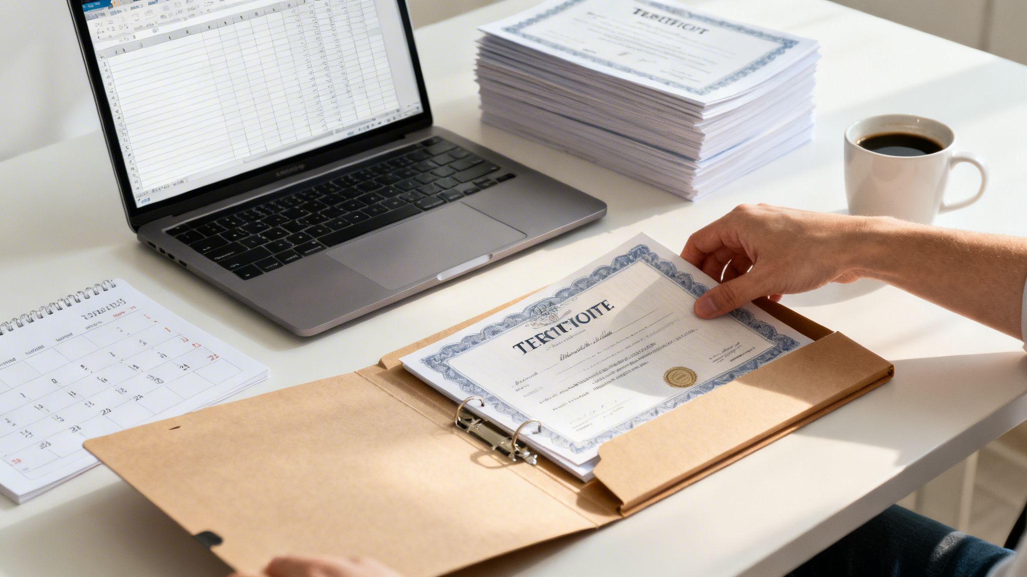 A person's hand places a certificate into a binder on a desk with a laptop and coffee.