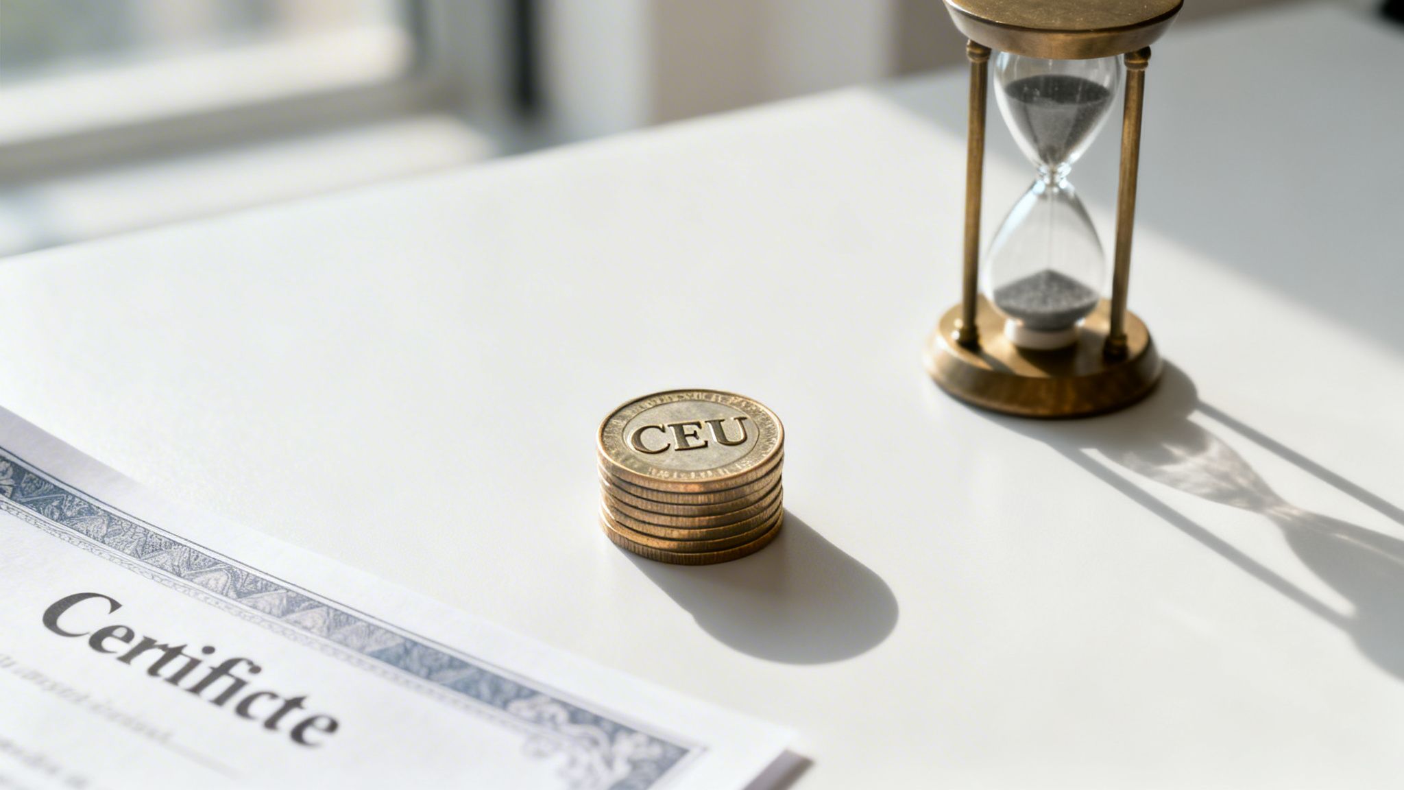 A certificate, stack of CEU coins, and an hourglass on a white table.