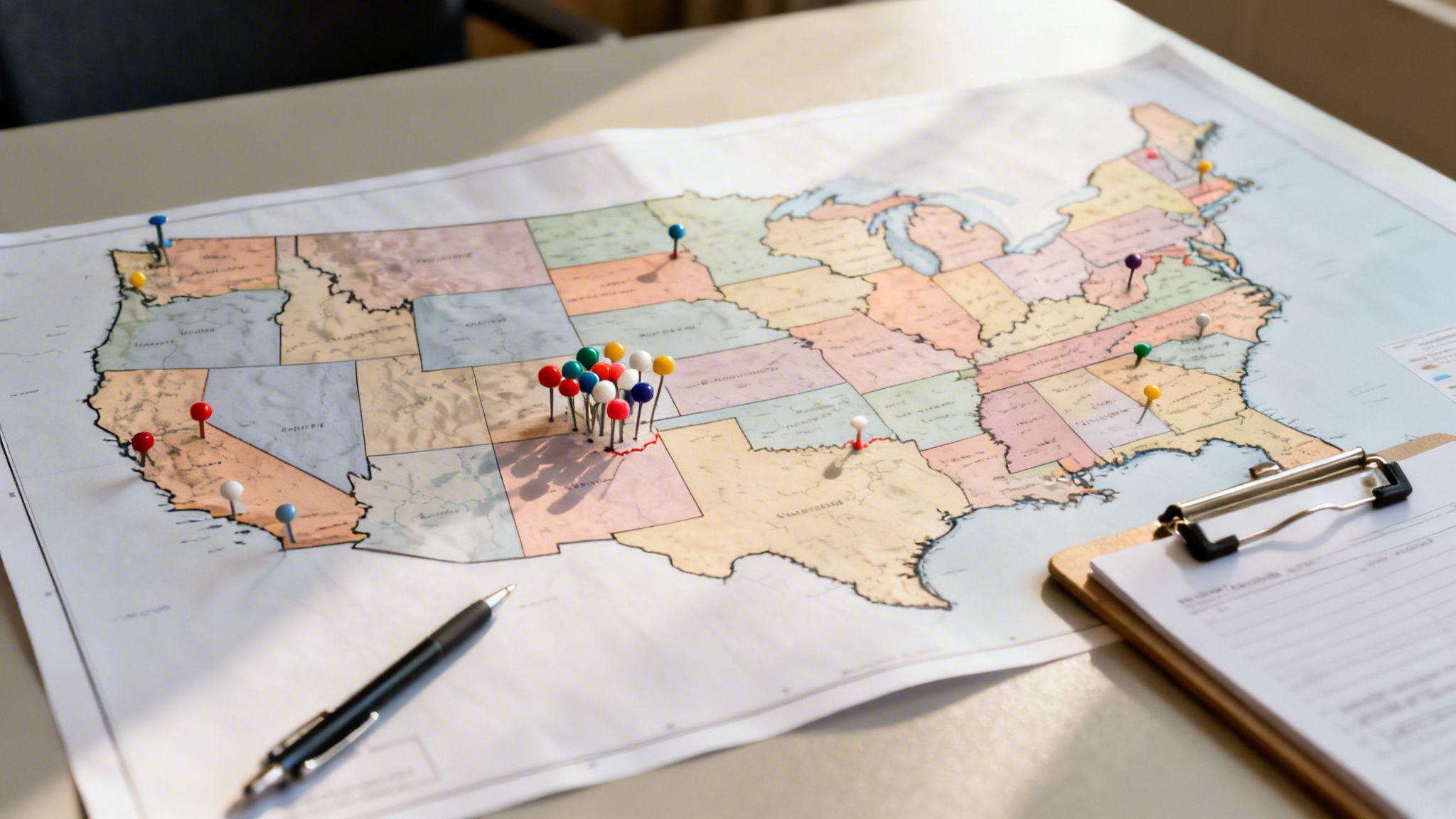 A United States map with colorful pushpins, a pen, and a clipboard on a desk.
