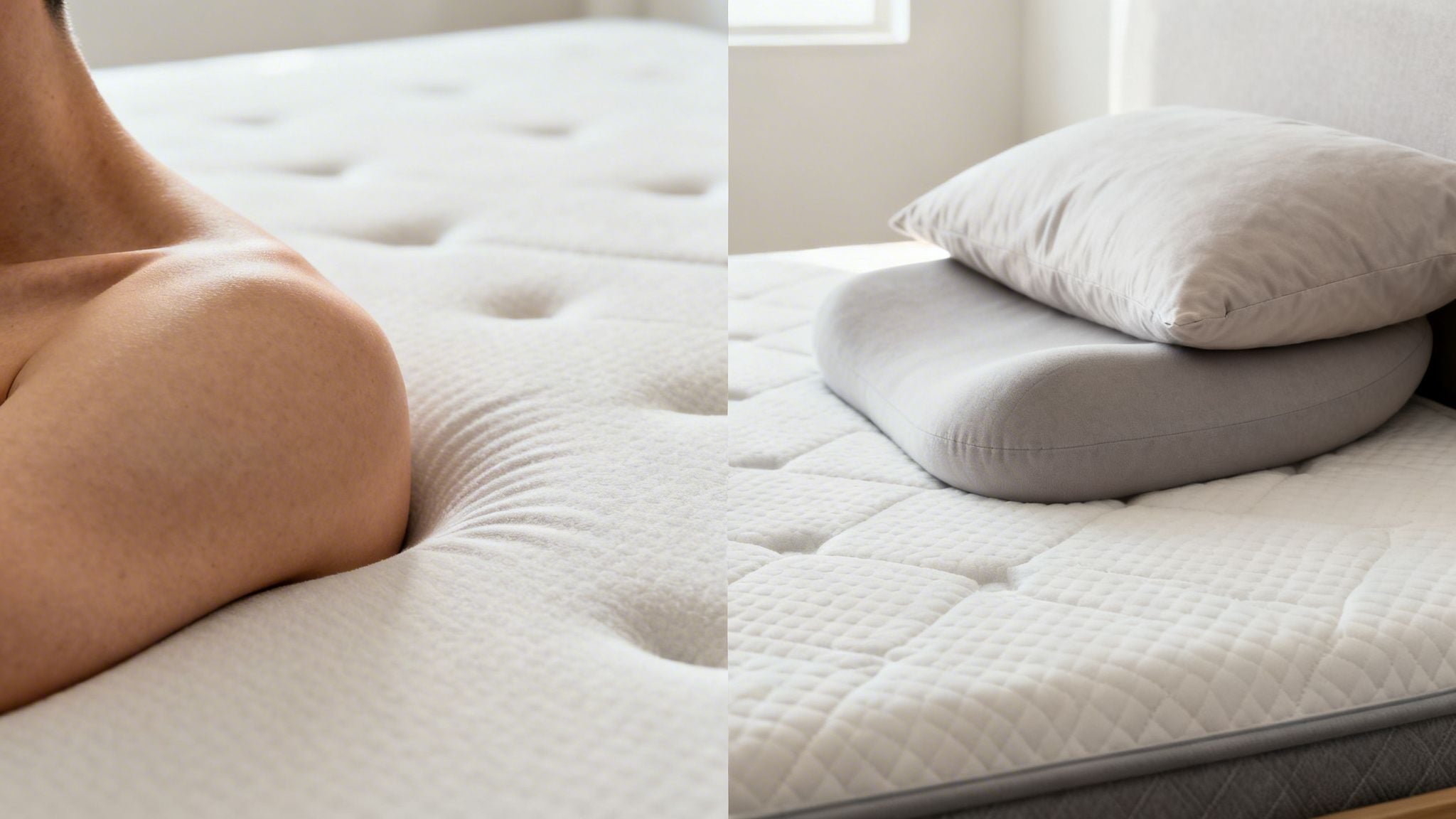 Person's shoulder resting on a soft mattress next to ergonomic pillows, ideal for side sleepers.