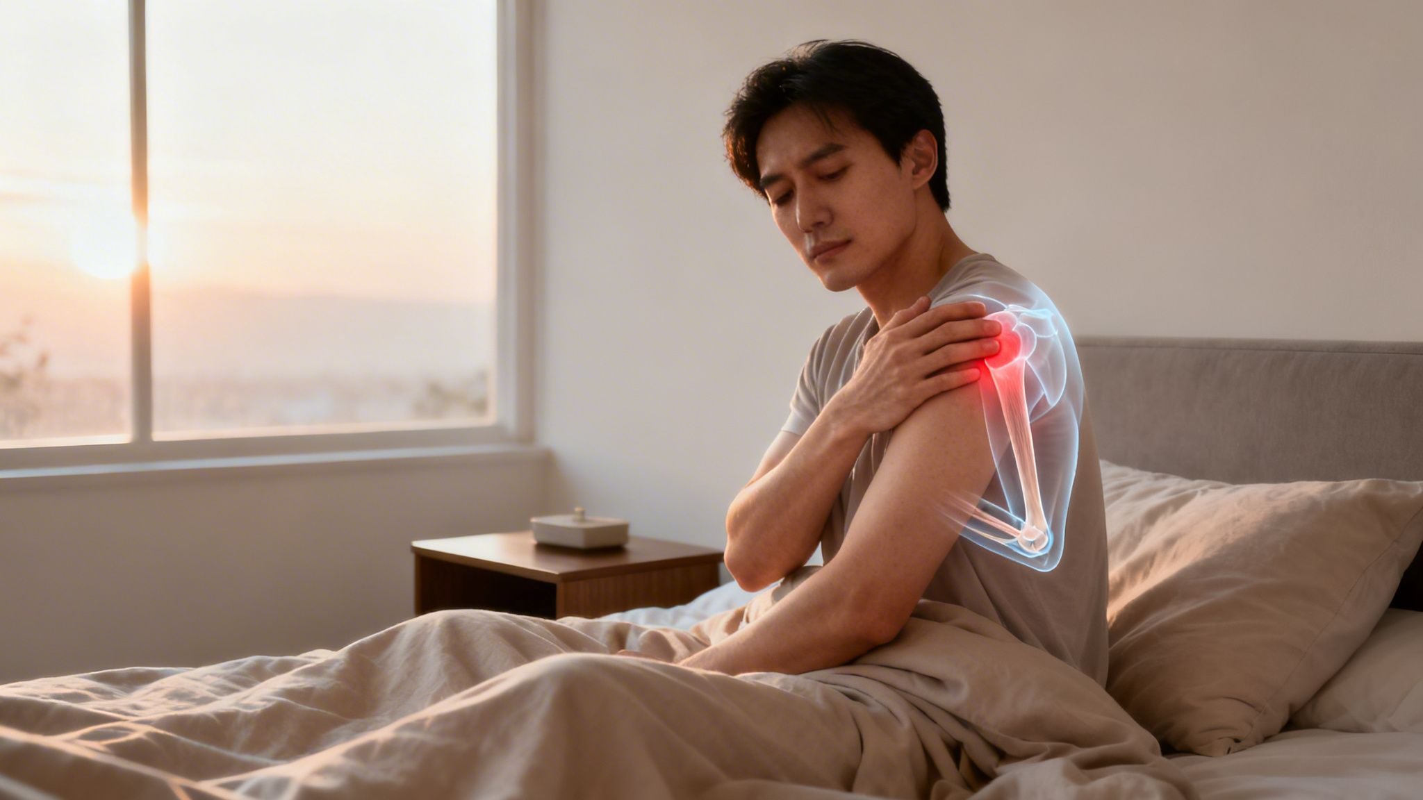 A man sitting in bed, holding his painful shoulder, with an X-ray overlay highlighting the joint.