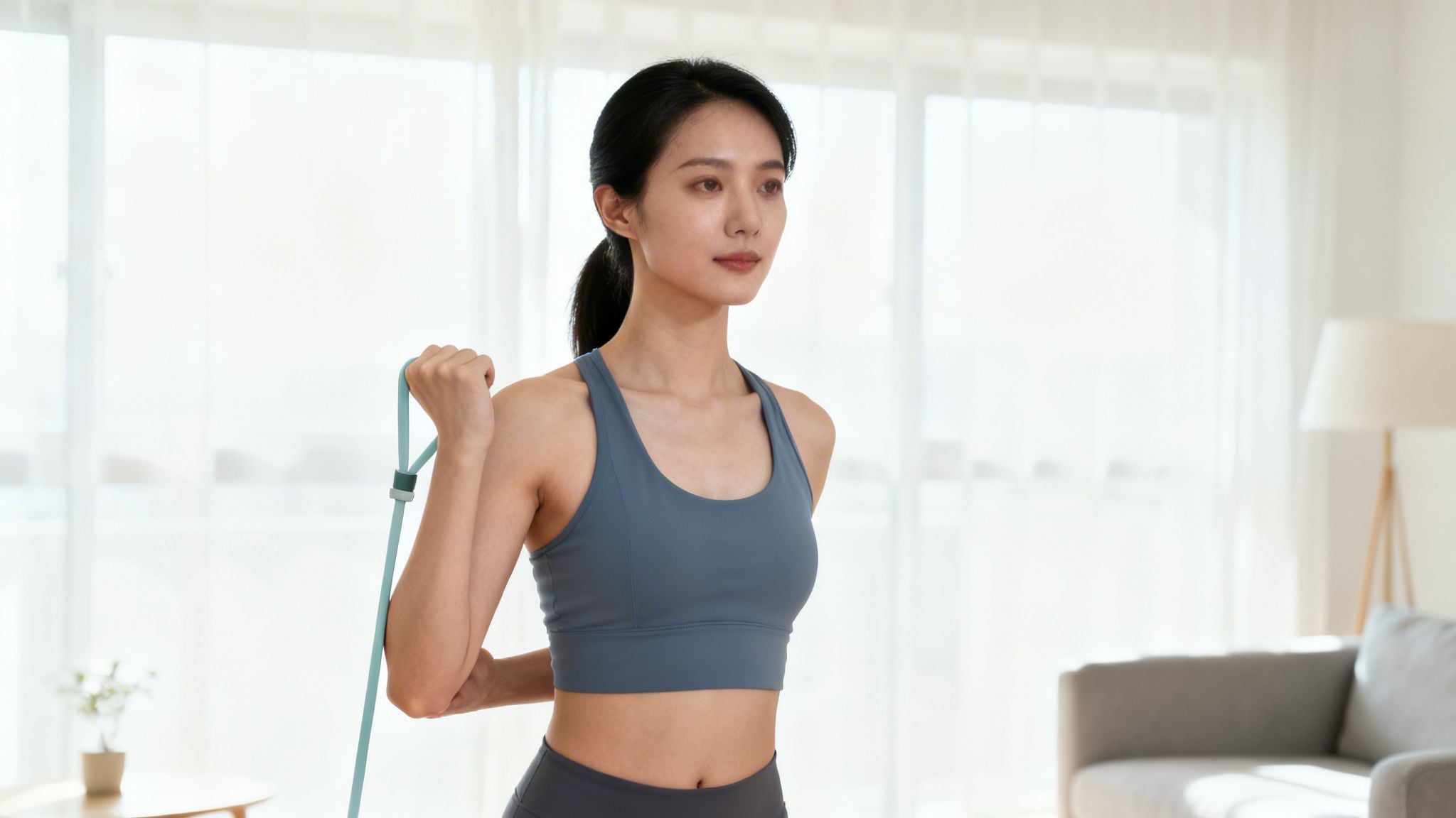 Woman in a sports bra exercising with a resistance band behind her back for shoulder health.
