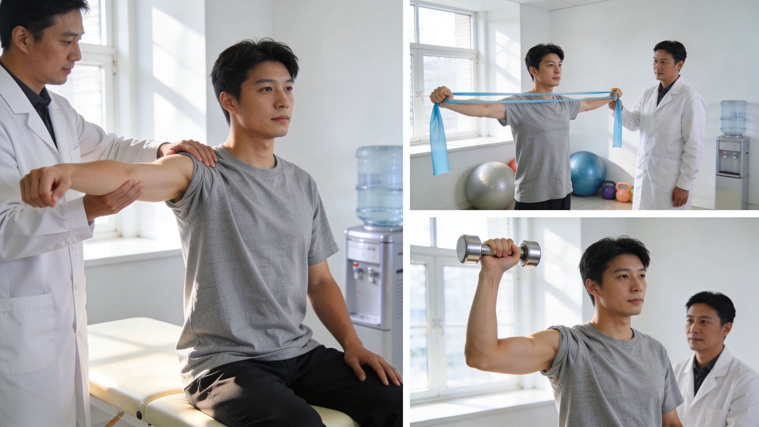 A male physical therapist guides a patient through rehabilitation exercises for shoulder posterior impingement recovery in a clinic.