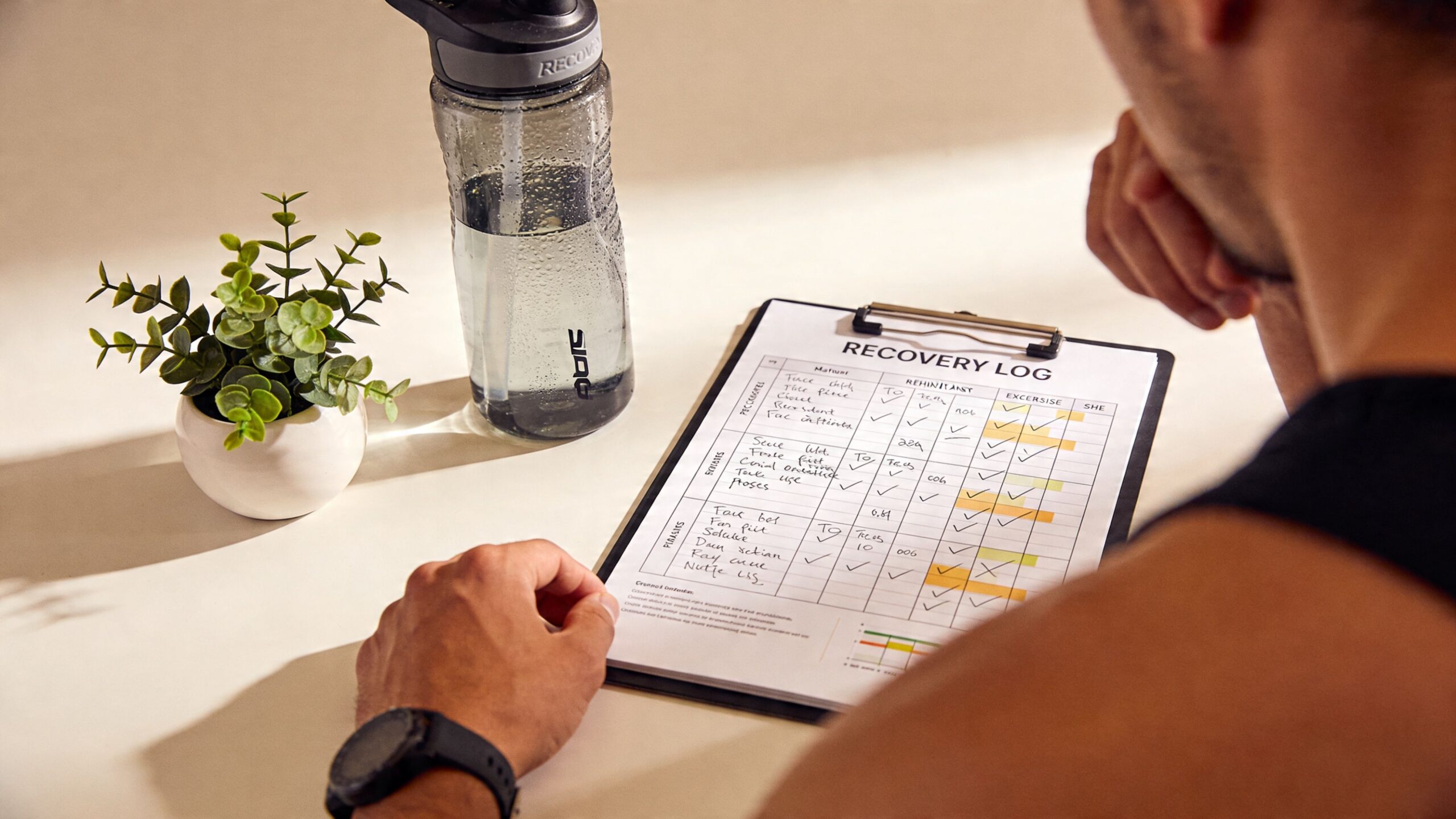 A person reviewing a recovery log on a clipboard next to a water bottle and houseplant.