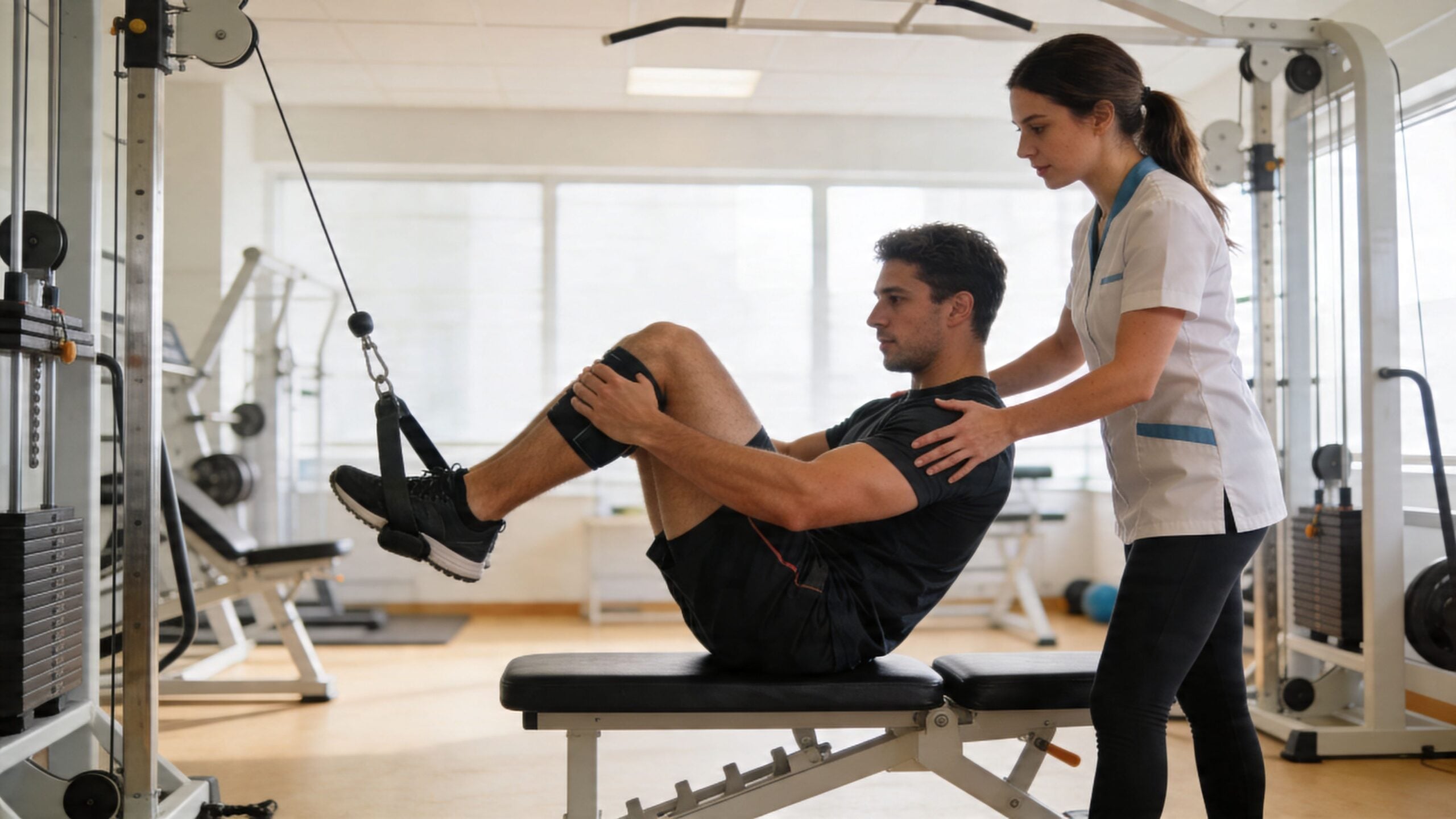 A physical therapist assists a male athlete with a cable-based core exercise on a gym bench.
