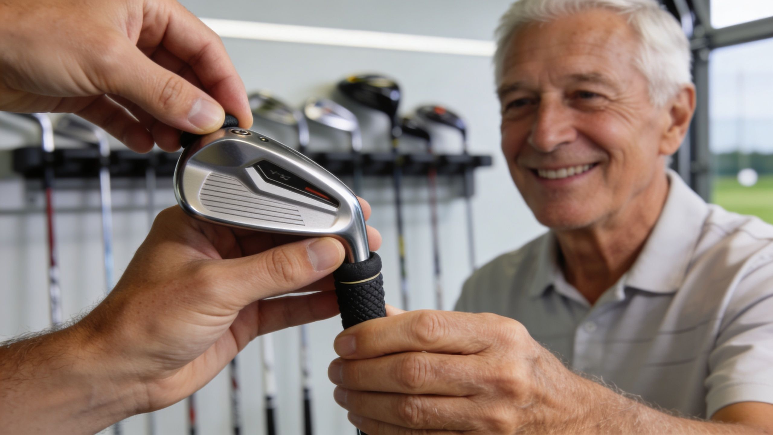 A professional golf fitter presenting a new golf club head to an elderly golfer during a fitting session.