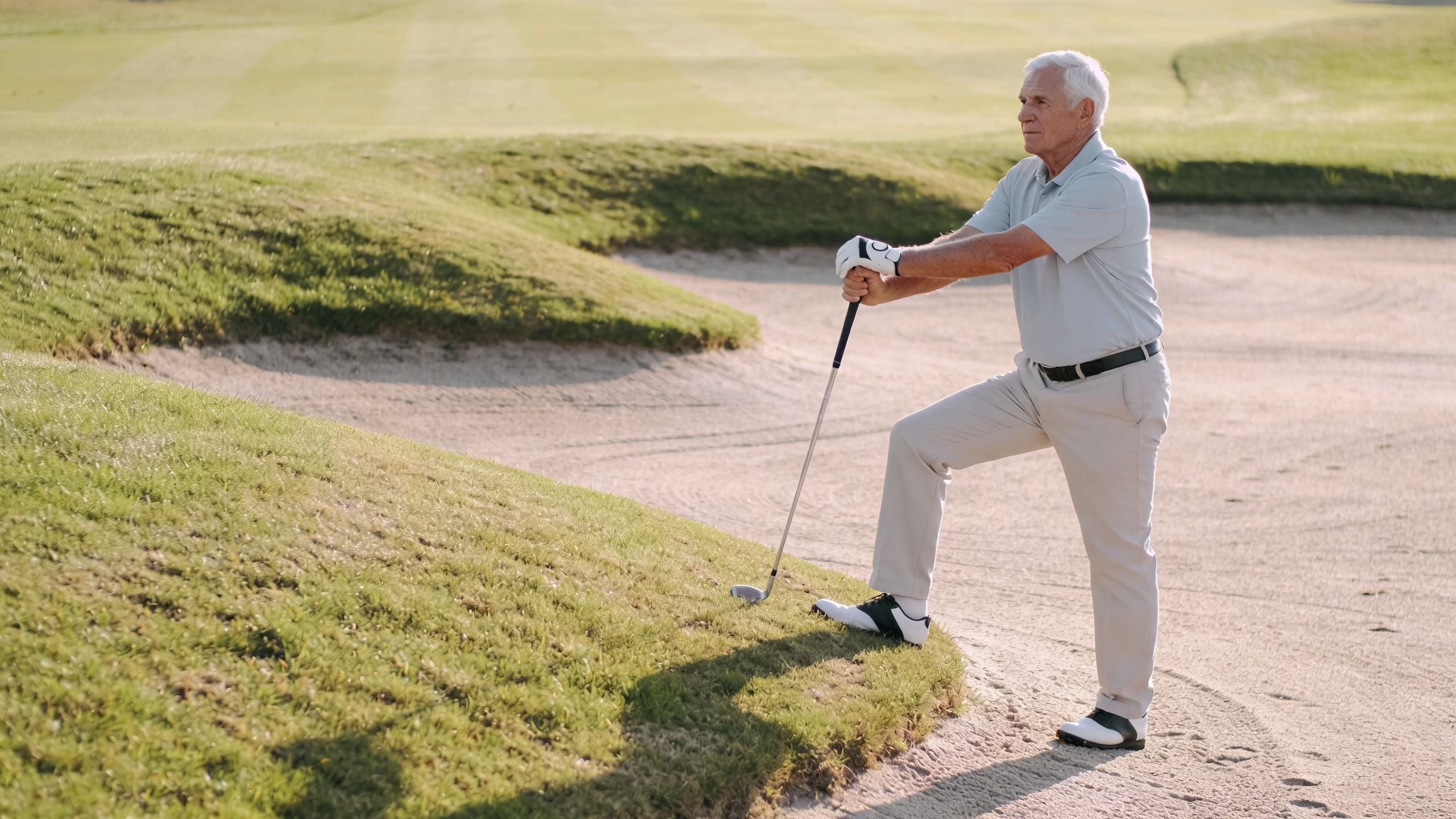 A senior golfer standing thoughtfully in a sand bunker on a beautiful sunny golf course.