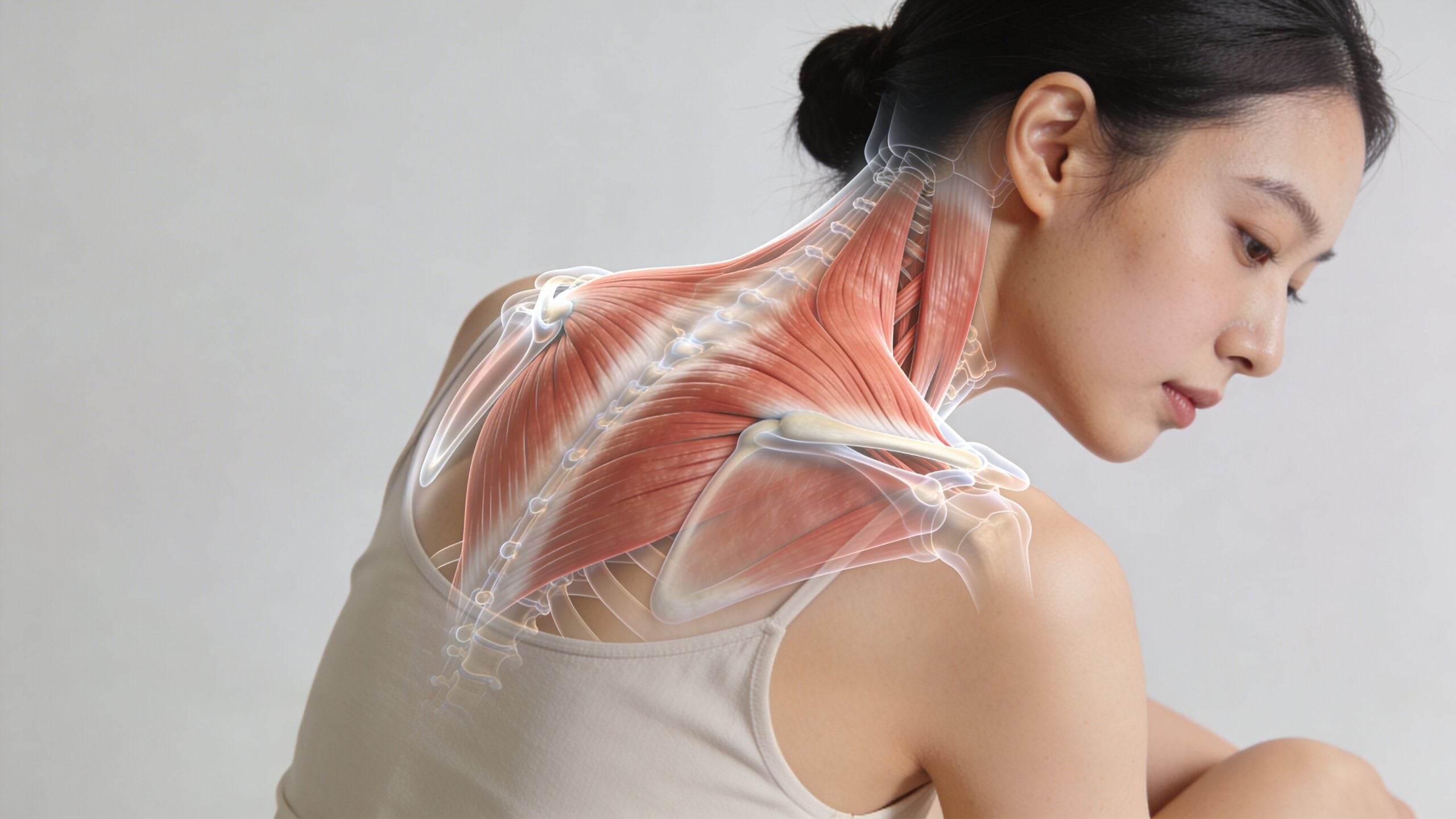 A digital illustration showing human neck and back muscles overlaid on a woman's shoulder and upper back.
