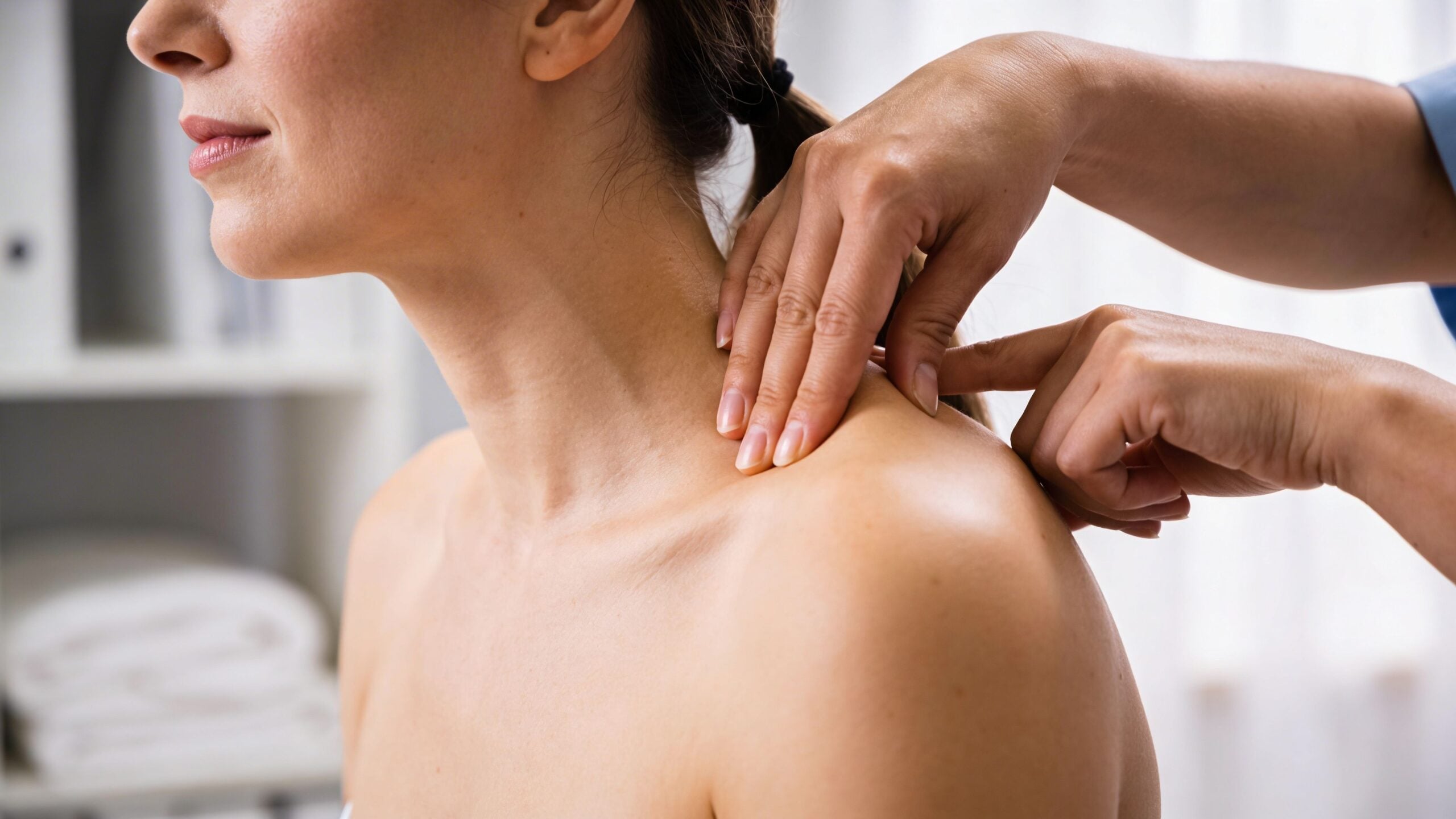 A physical therapist performs a manual massage on a patient to address shoulder and trapezius muscle pain.
