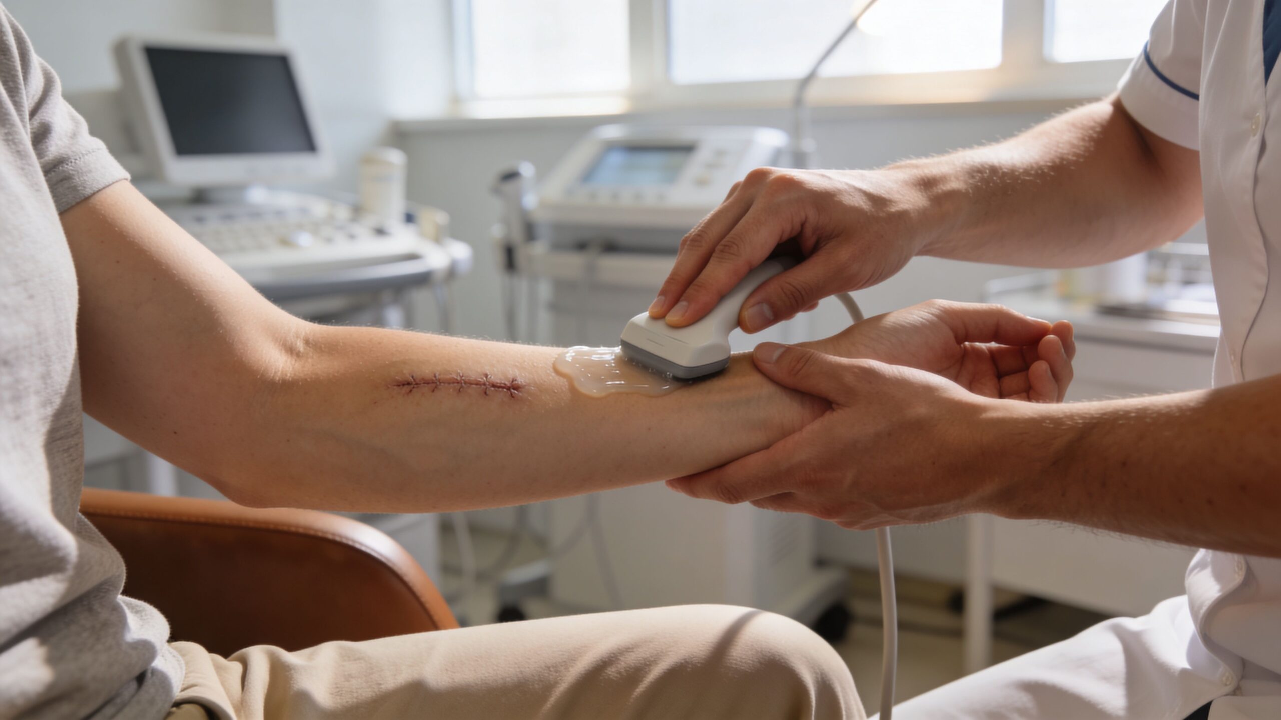 A healthcare professional uses an ultrasound probe with gel on a patient's healing surgical arm scar.