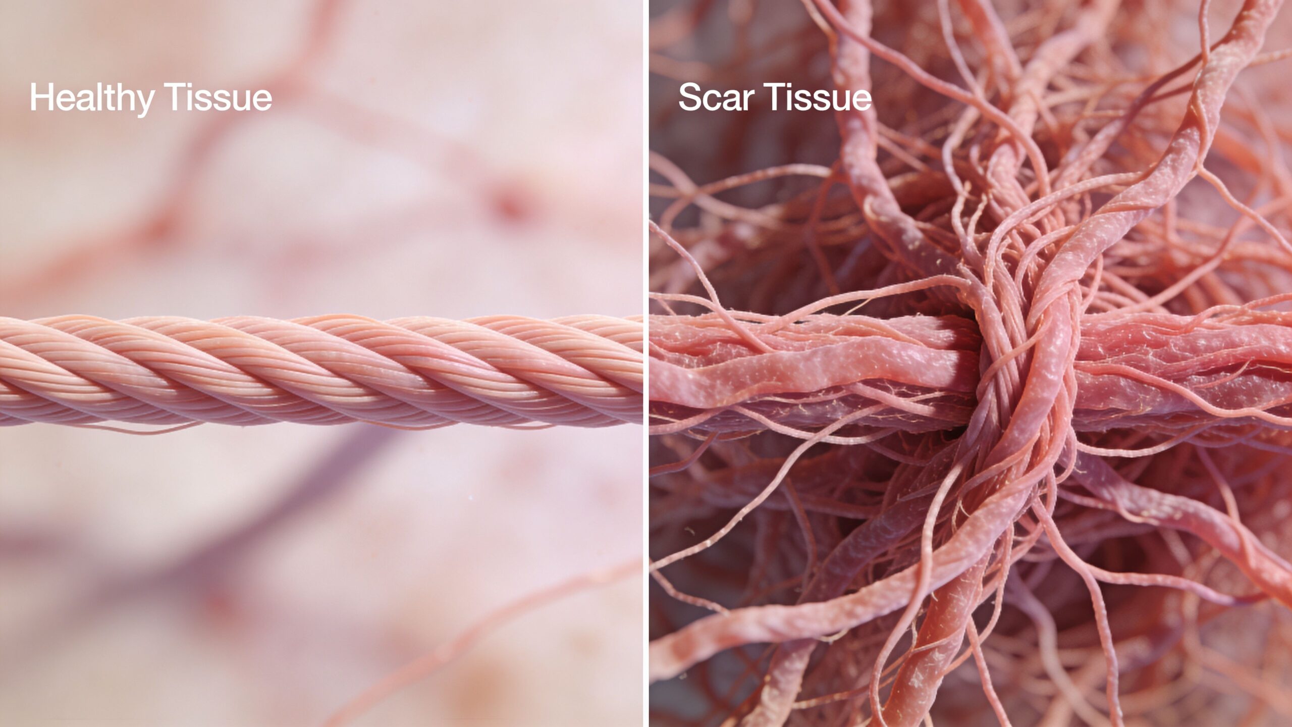 A microscopic comparison showing organized collagen fibers in healthy tissue versus tangled, chaotic collagen in scar tissue.