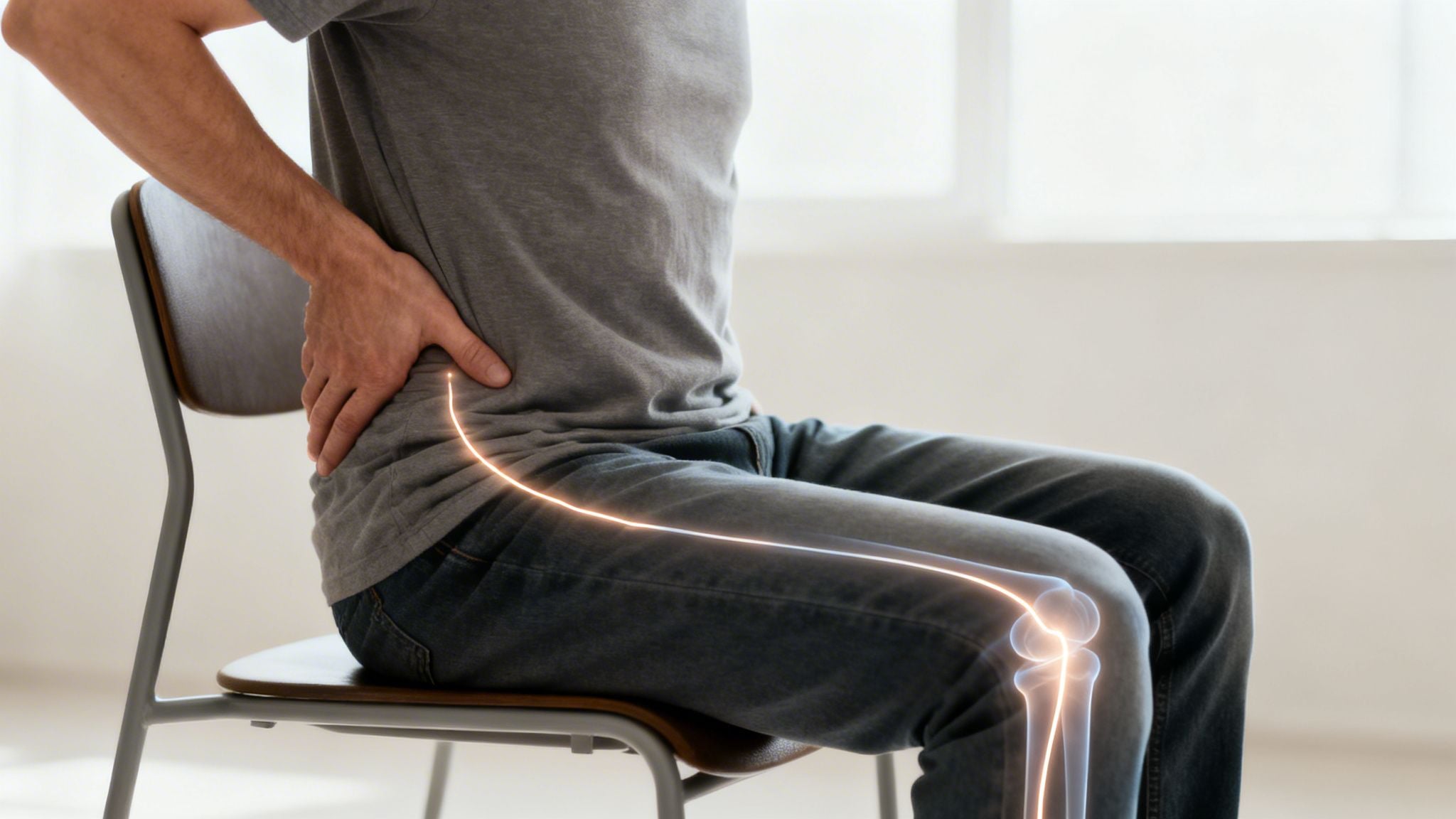 Man sitting on a chair, holding his lower back, with a glowing line showing pain radiating to the knee.