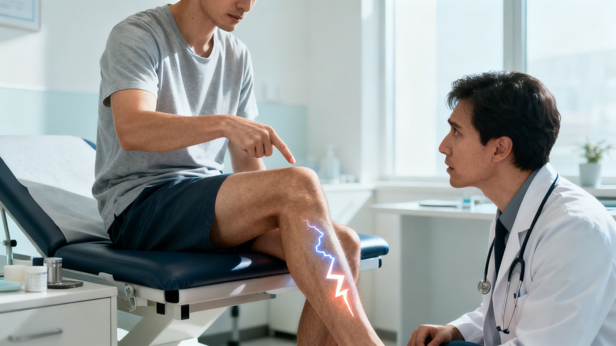 A man in a doctor's office points to his leg, where a graphic depicts radiating pain, while a doctor listens intently.