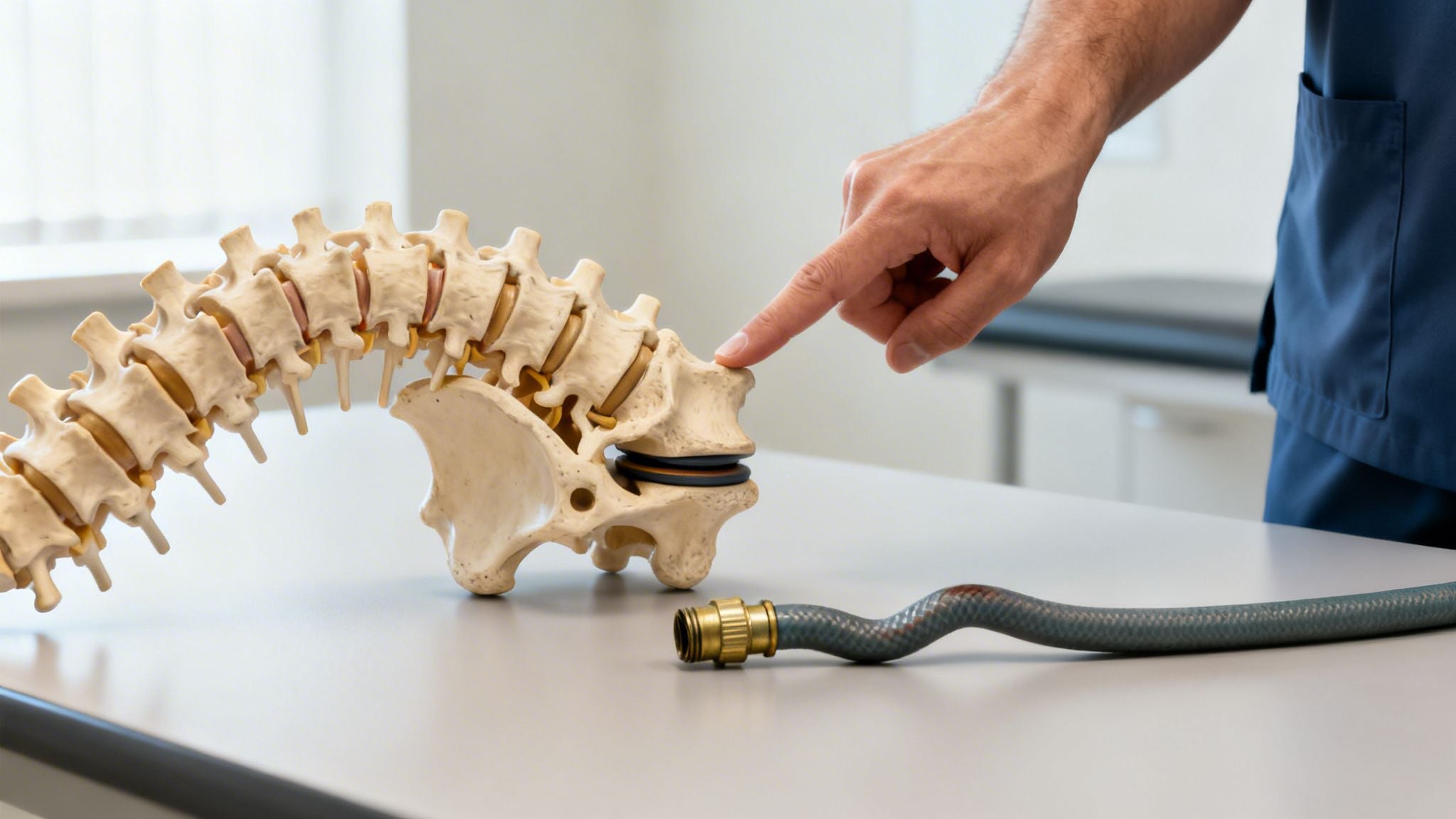 Medical professional pointing to a lumbar spine model, demonstrating conditions like radiating pain.