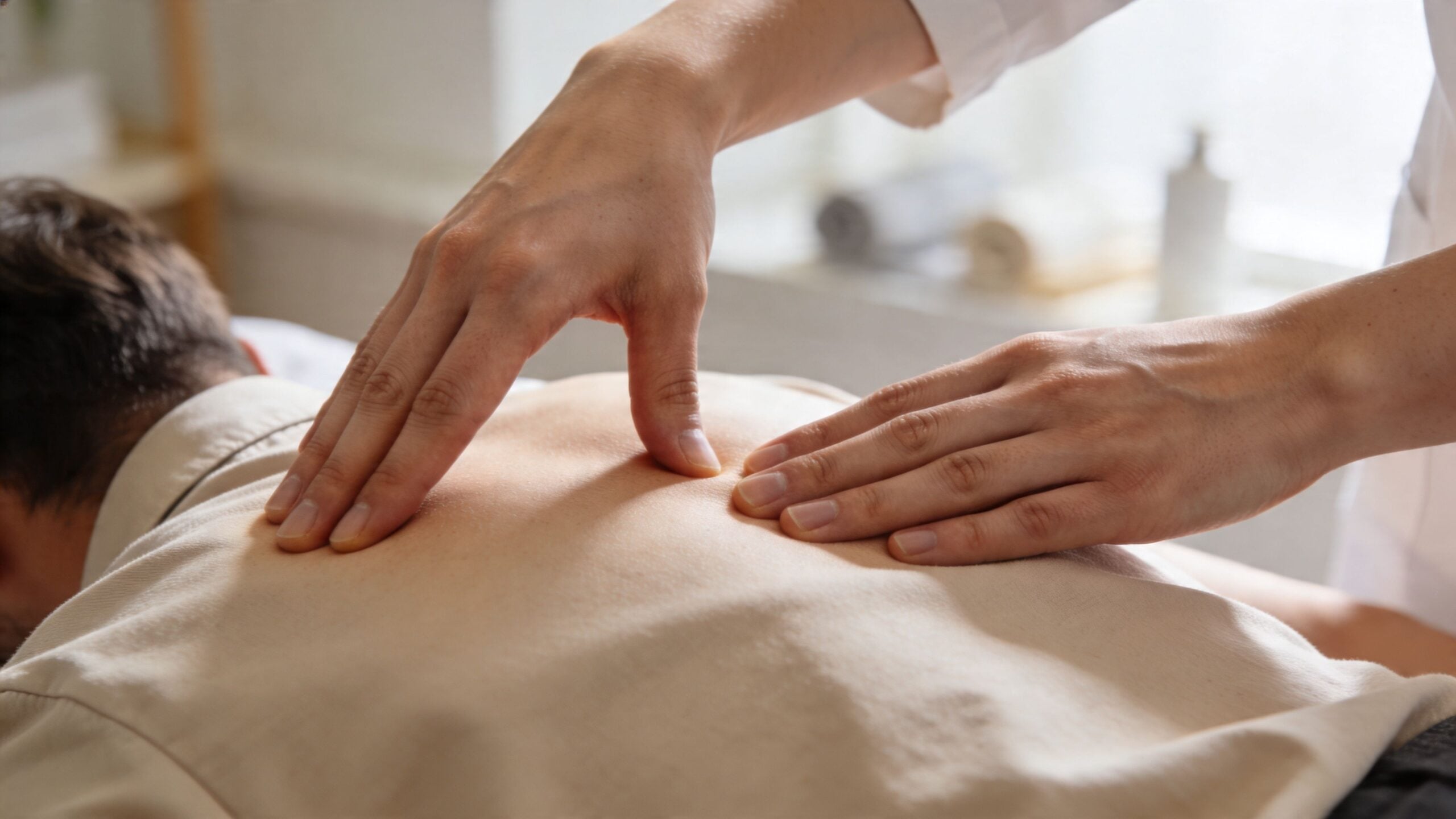 A professional physical therapist performs manual therapy by gently pressing on a patient's back for treatment.