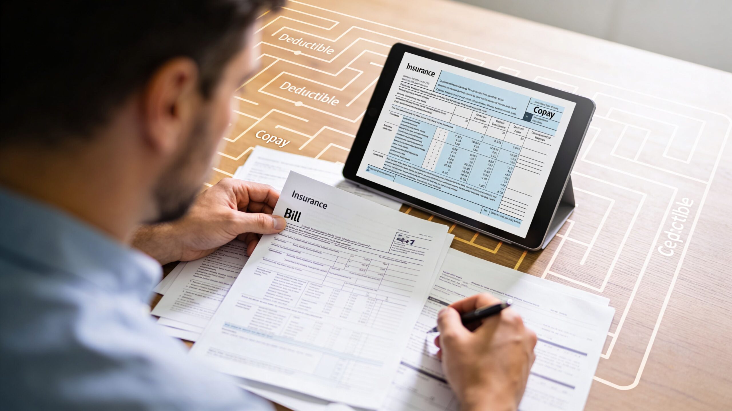 A man reviewing insurance documents and a digital tablet to understand rising physical therapy treatment costs.