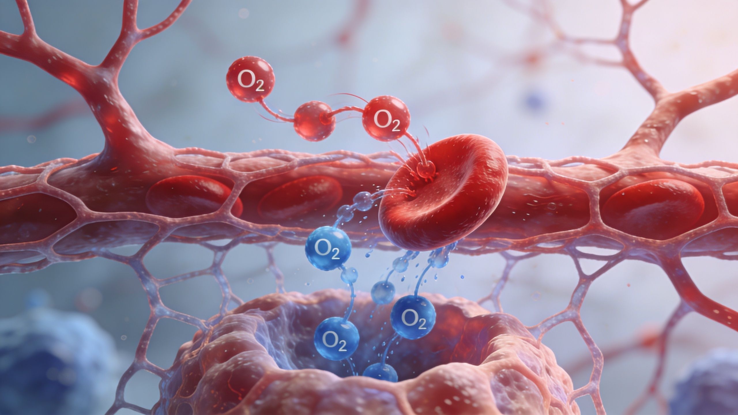 A 3D visualization showing red blood cells exchanging oxygen in the lung alveoli capillaries.