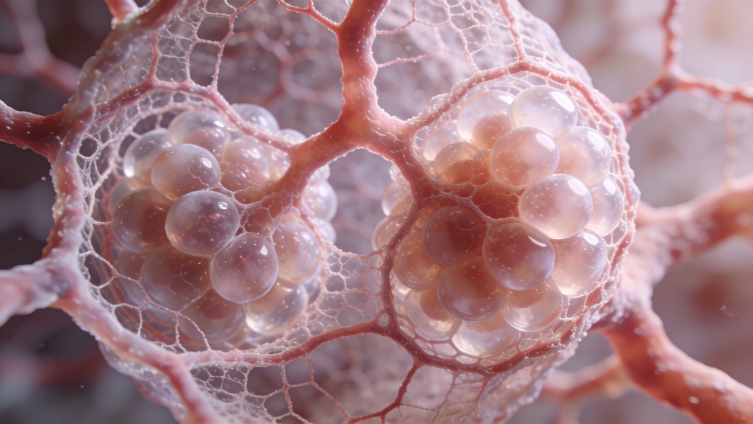 A microscopic view of human lung alveoli showing interconnected cellular structures and transparent air sacs.