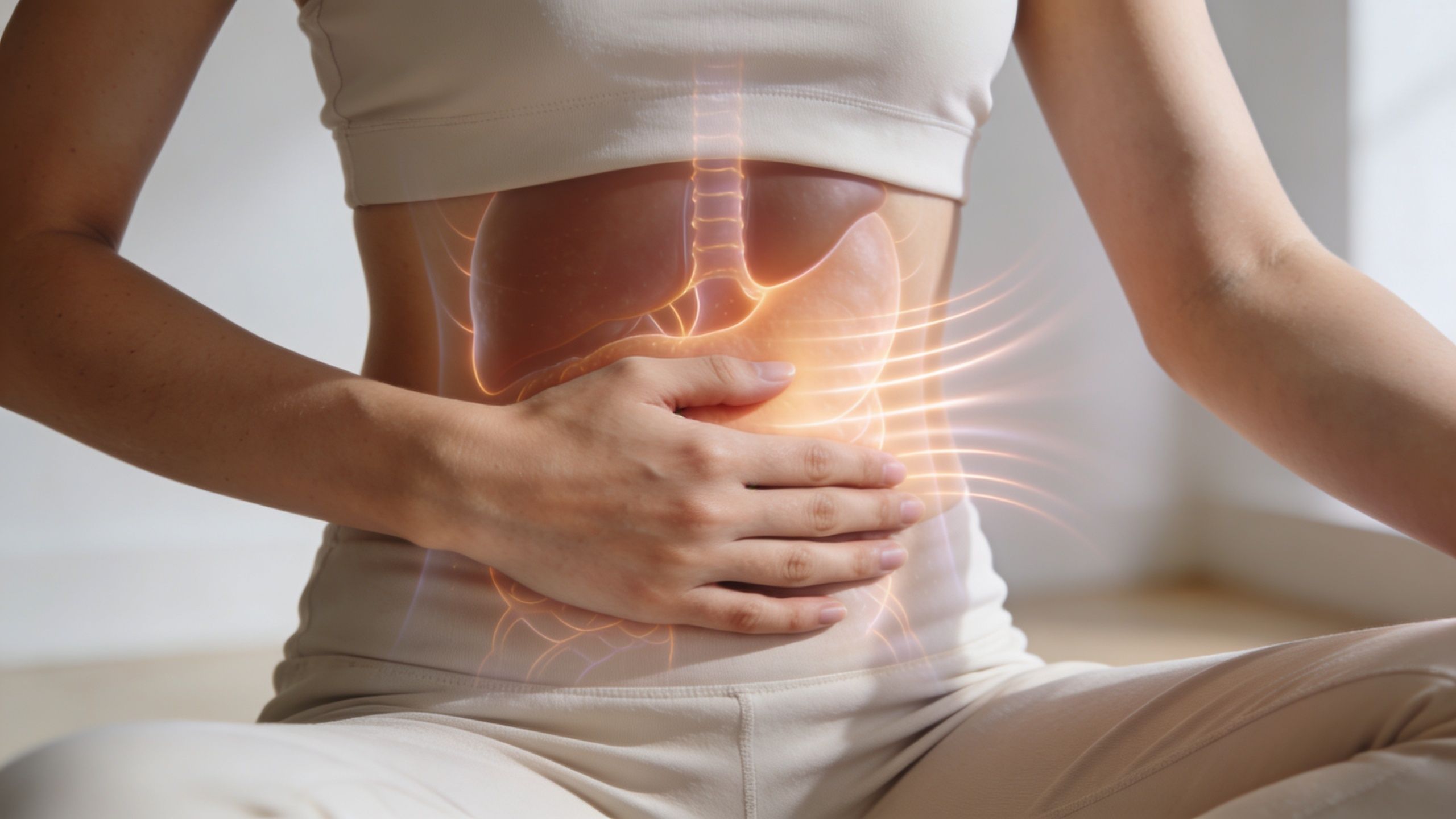 A person holding their stomach with a glowing anatomical overlay illustrating internal digestive organs in the abdomen.