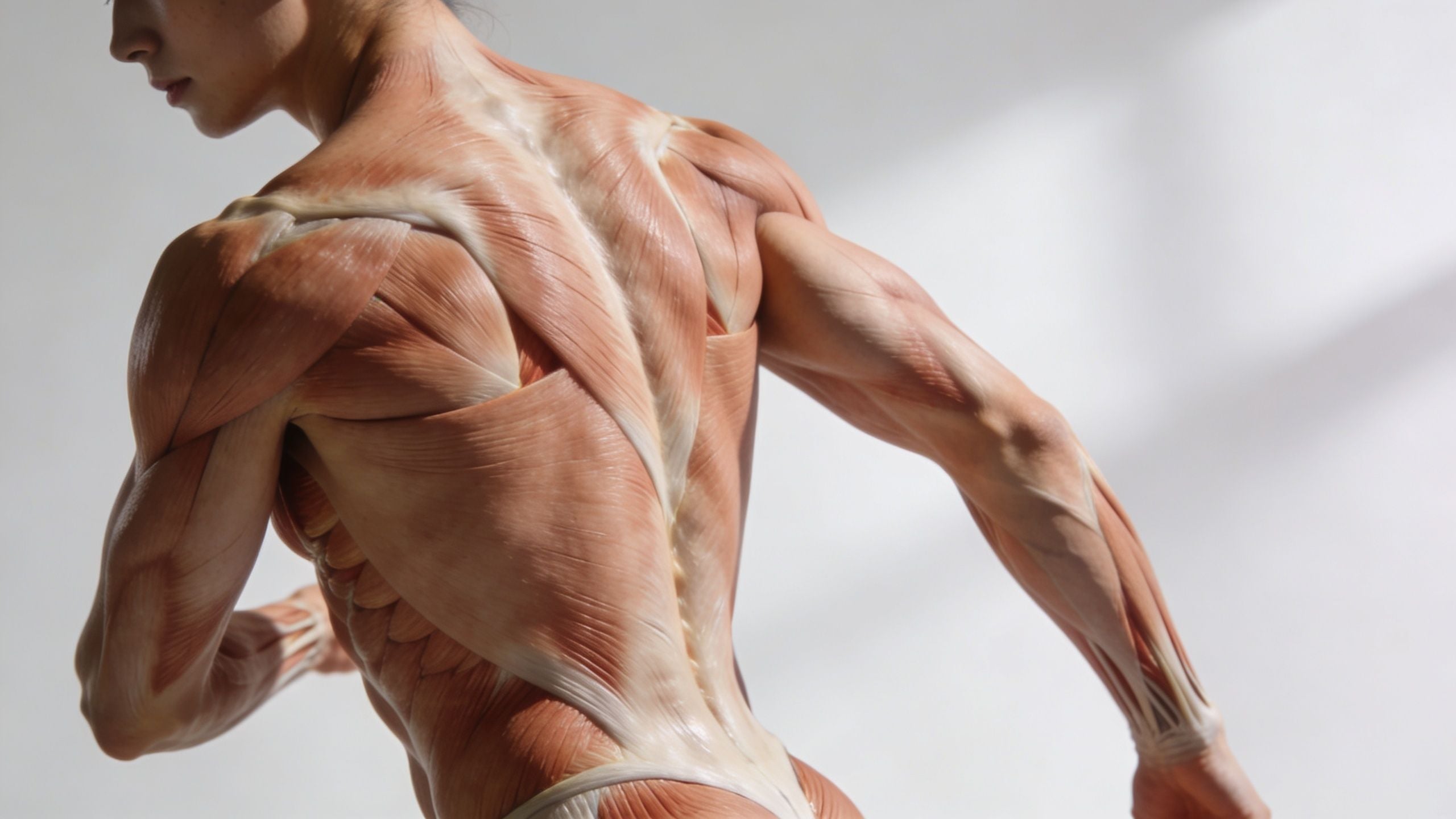 A detailed anatomical view of a person showing the muscles of the back and upper arms.