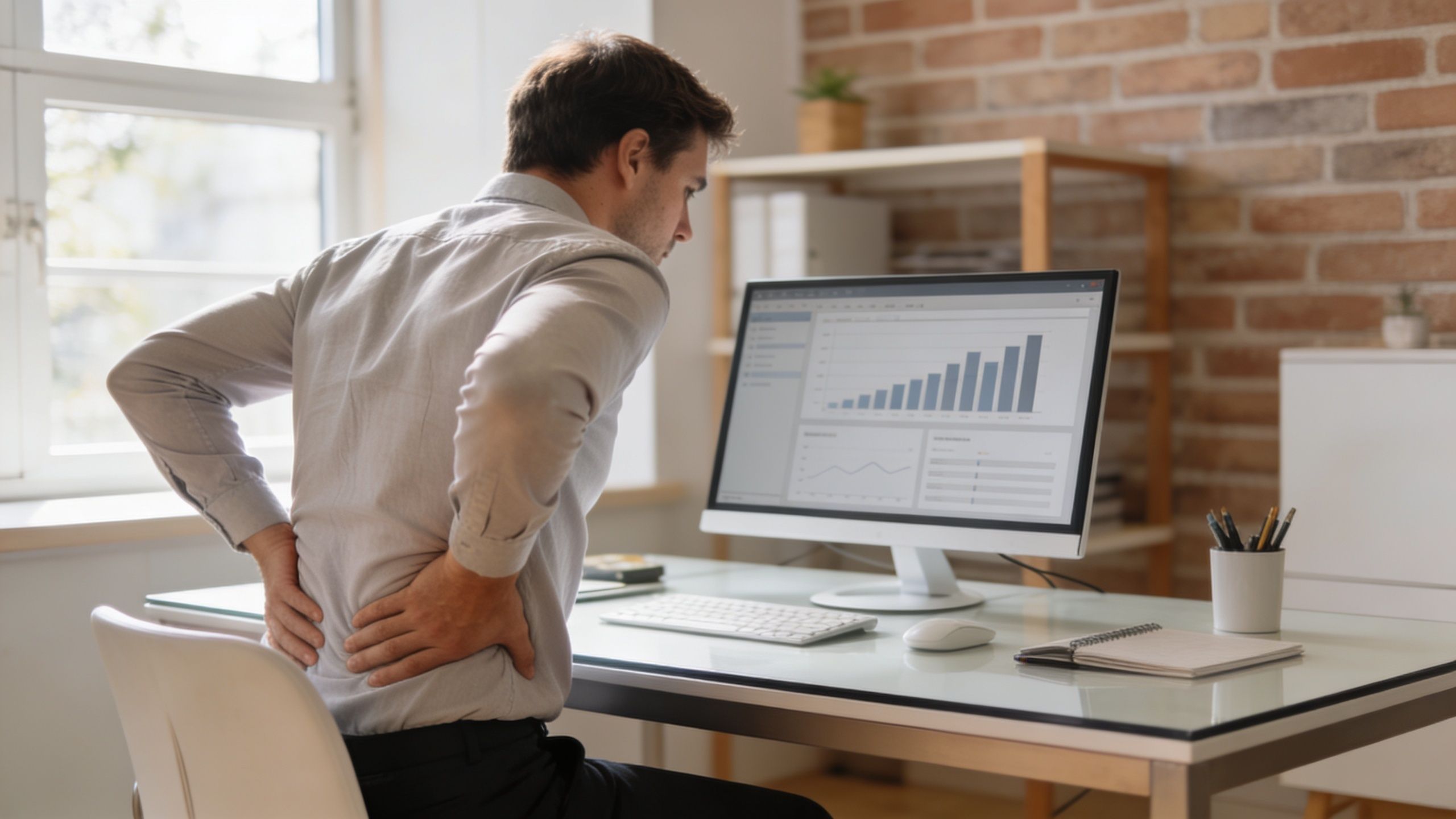 A man sitting at an office desk holding his lower back due to pain or discomfort.