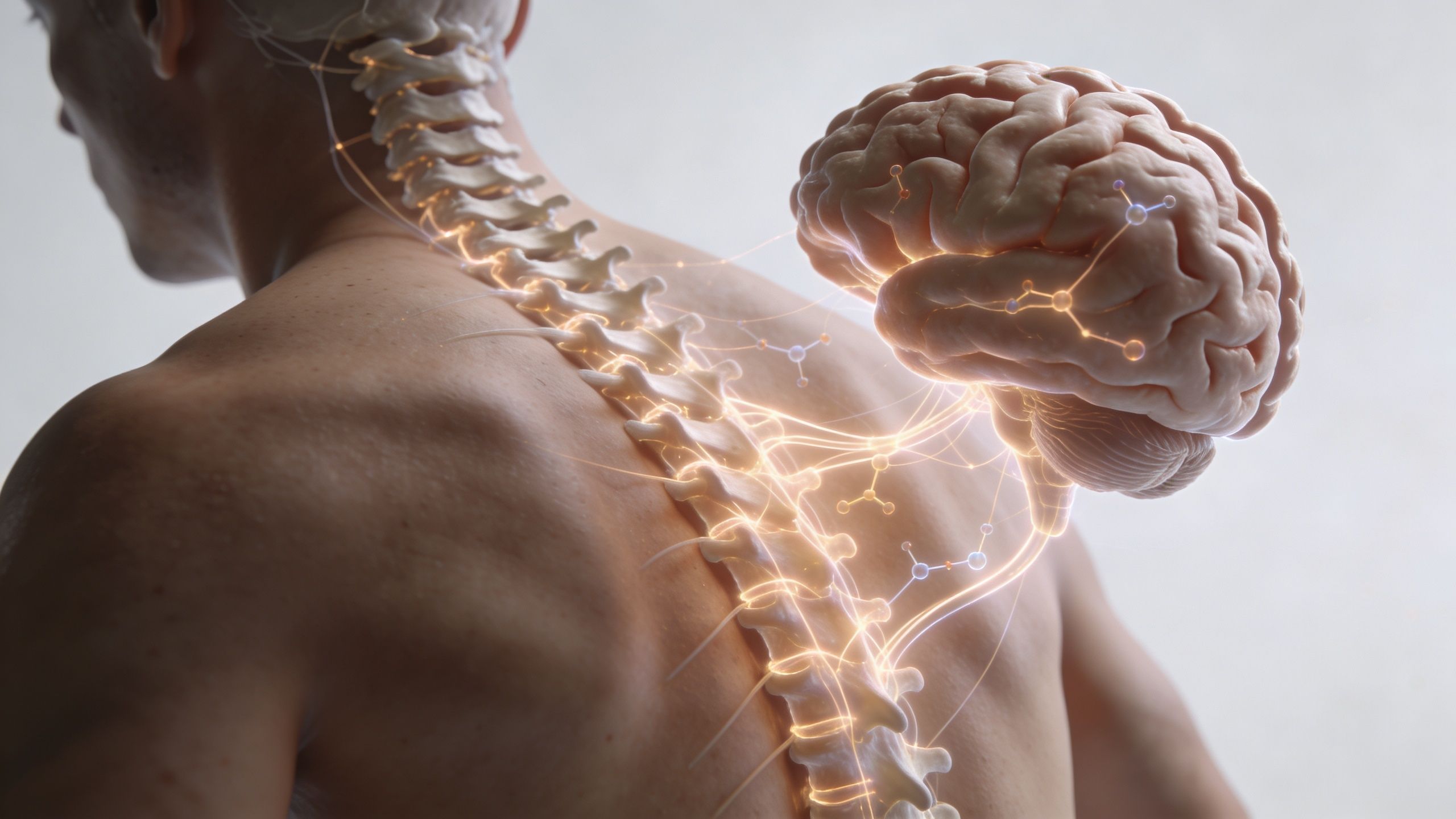 A 3D visualization showing a human brain connected to the spine representing the neurological link to pain.