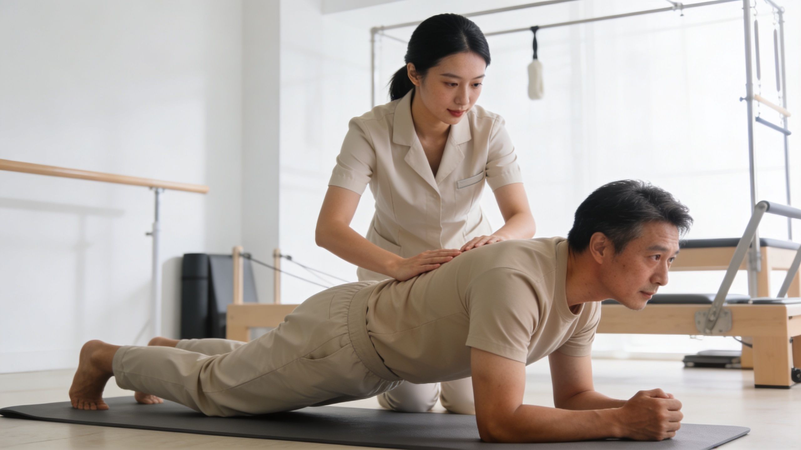 A professional instructor provides physical therapy or Pilates guidance to a man performing a plank exercise.