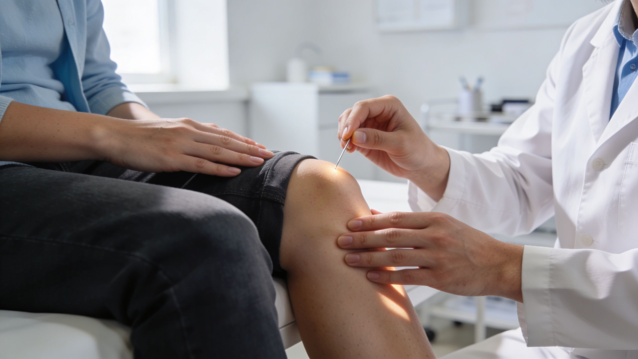 A doctor performing an acupuncture procedure on a patient's knee in a clinical office setting.