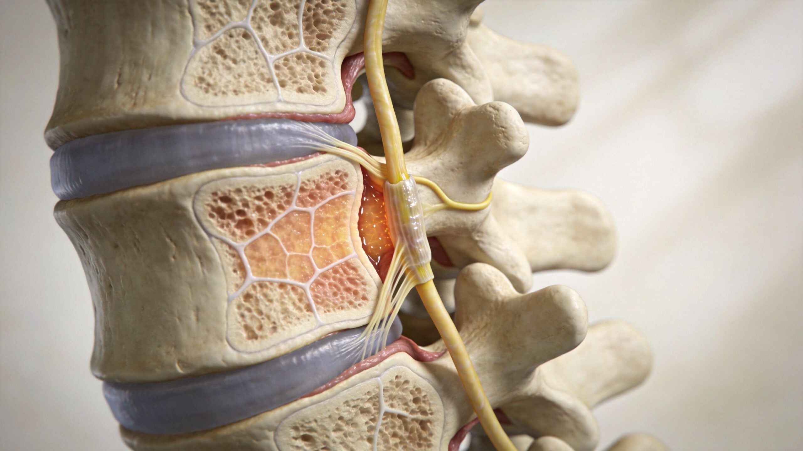 A detailed 3D medical illustration showing a herniated spinal disc compressing a nerve root in the spine.