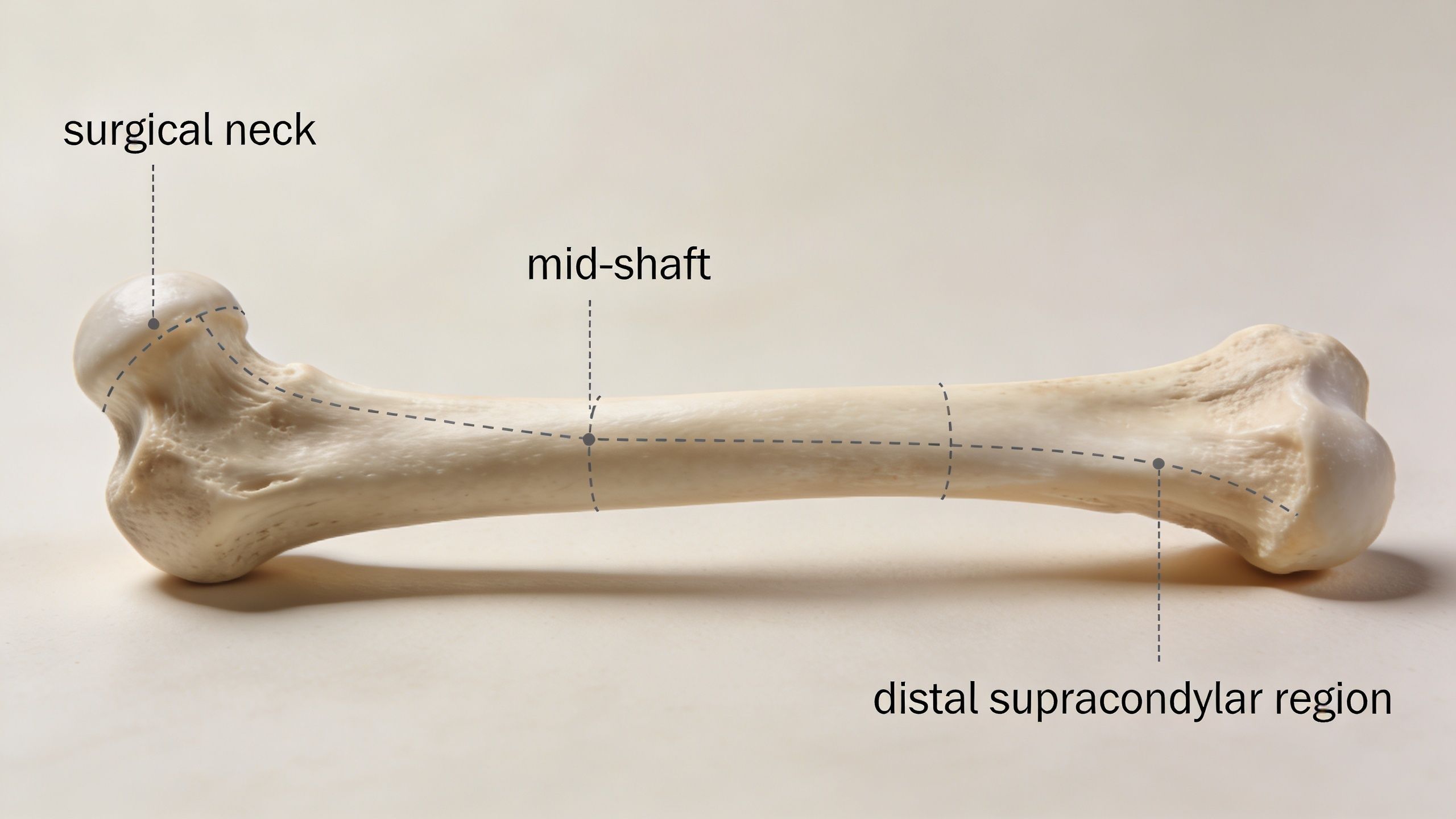 Anatomical view of a human humerus bone highlighting the surgical neck, mid-shaft, and distal supracondylar regions.