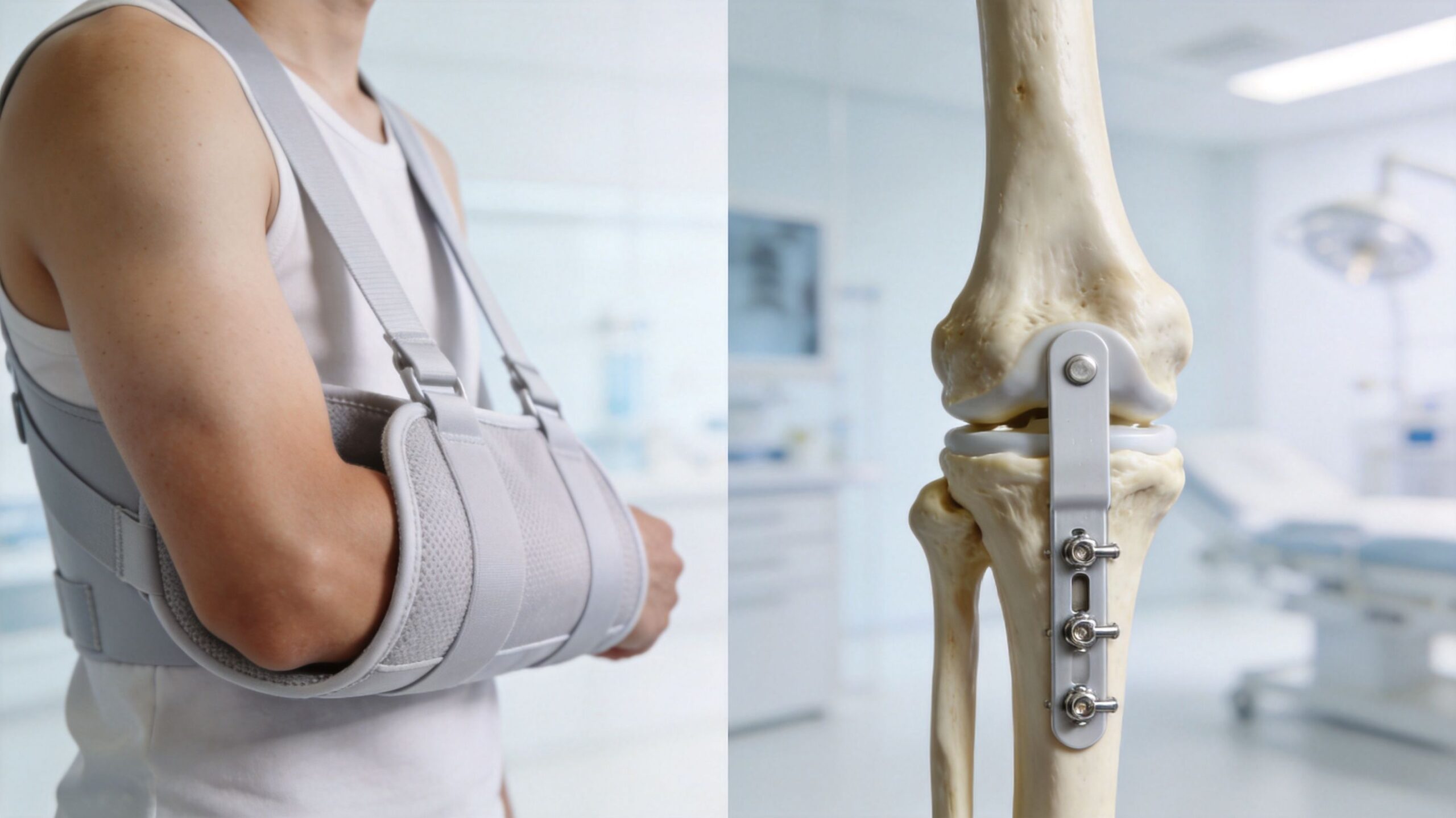 A split image showing a person wearing an arm sling and a model of a knee implant.