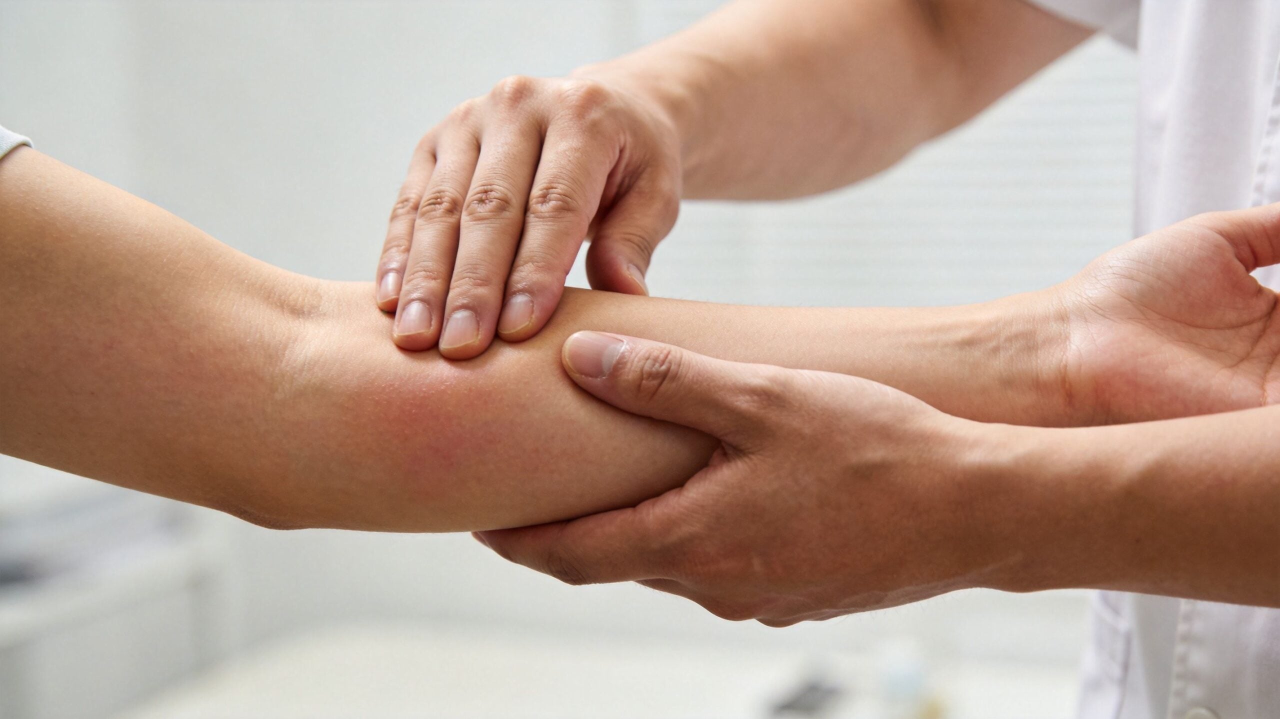 A physical therapist gently examining an inflamed and red area on a patient's forearm during a consultation.