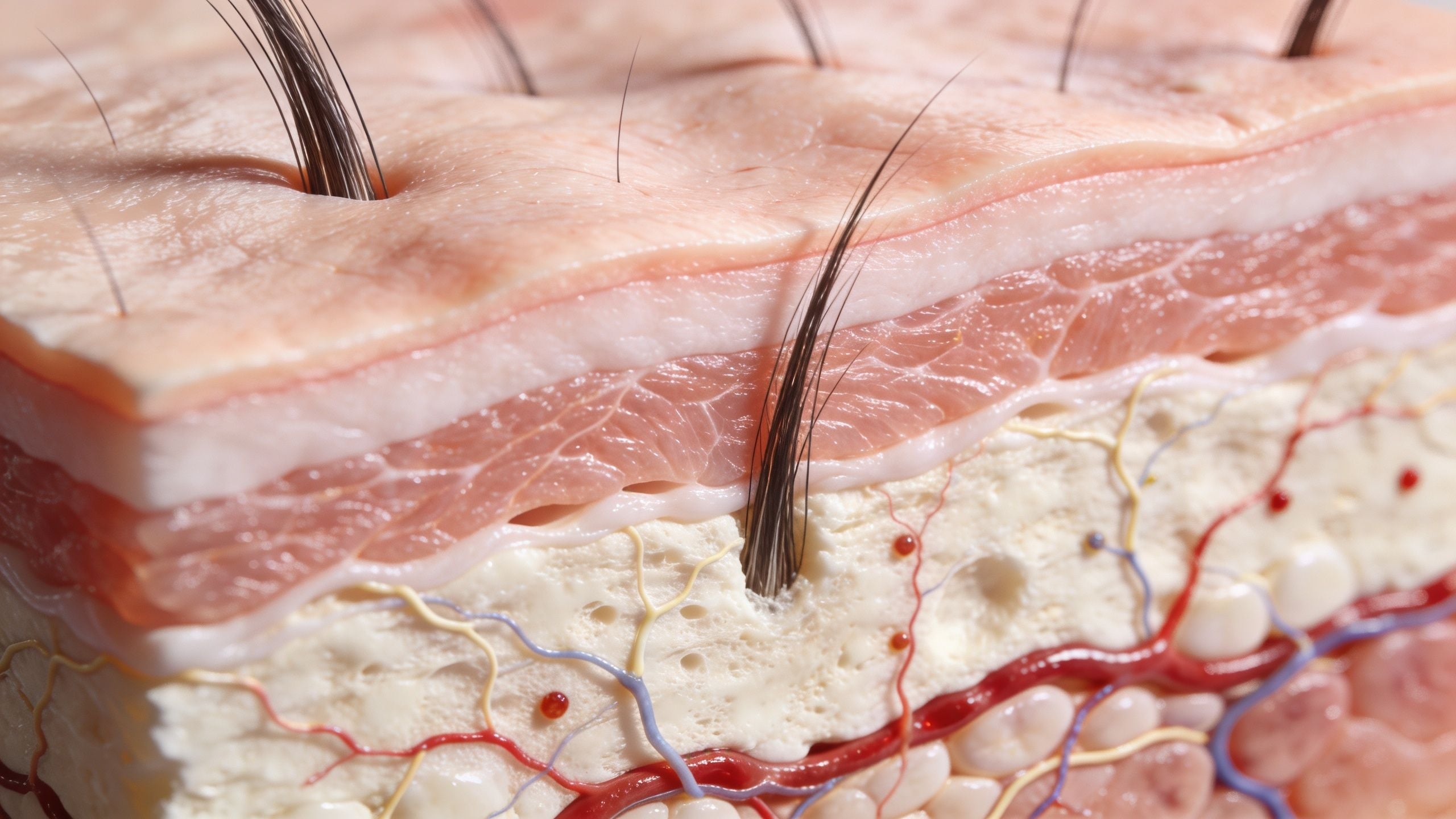 A detailed 3D model cross-section of human skin showing layers, hair follicles, and vascular structures.