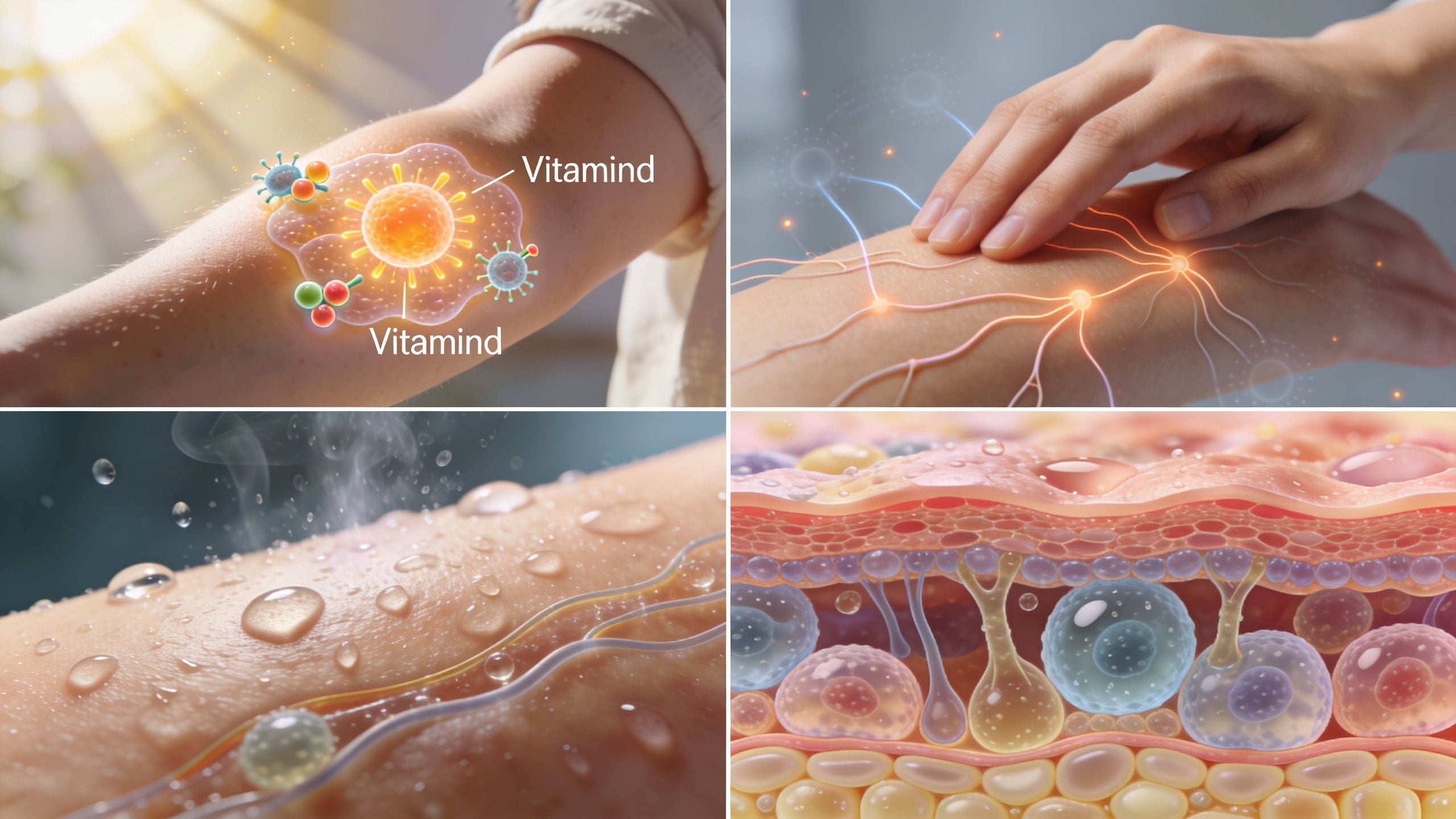 A four-part composite image illustrating the functions of the human integumentary system and skin cells.