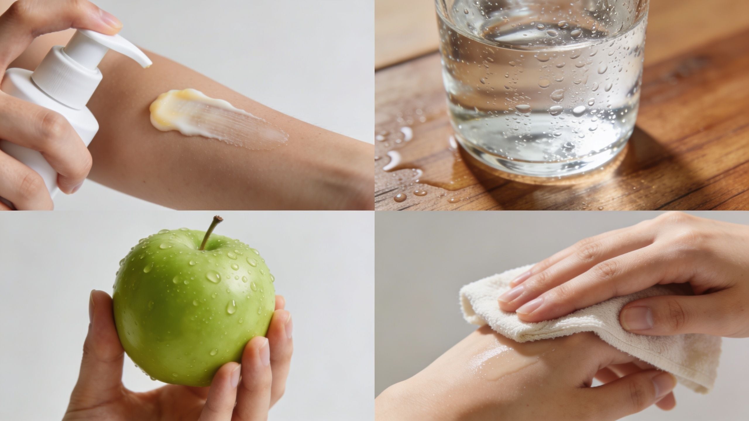 A collage showing skincare routine steps including applying lotion, glass of water, fresh apple, and gentle cleansing.