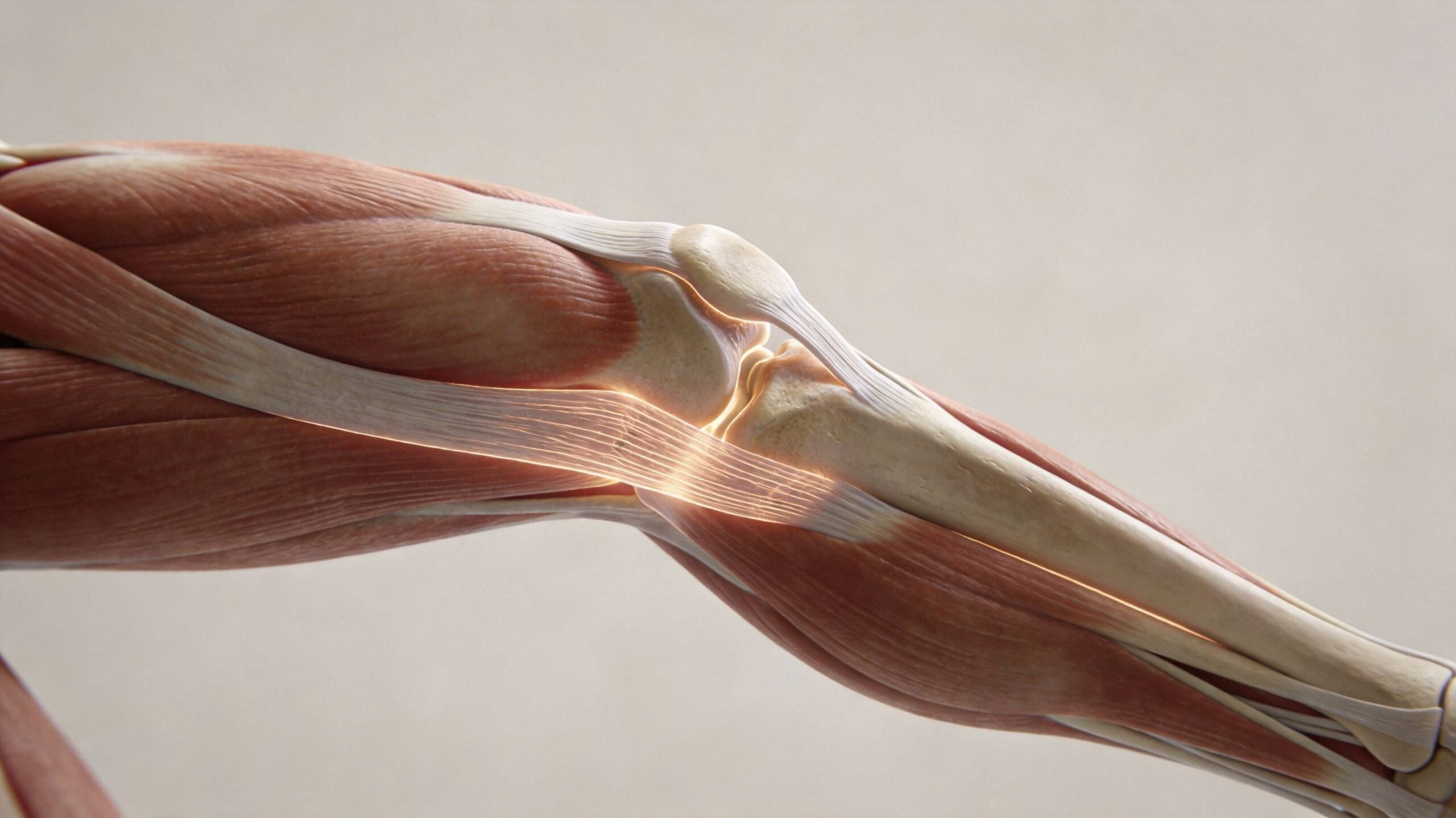A detailed 3D anatomical illustration highlighting the iliotibial band extending across the knee joint.