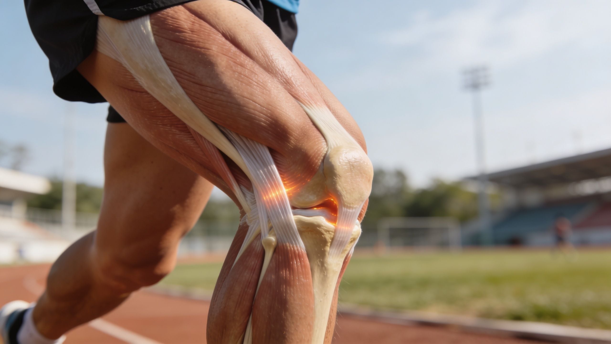 A 3D anatomical illustration showing a runner knee with a glowing highlighted IT band area.