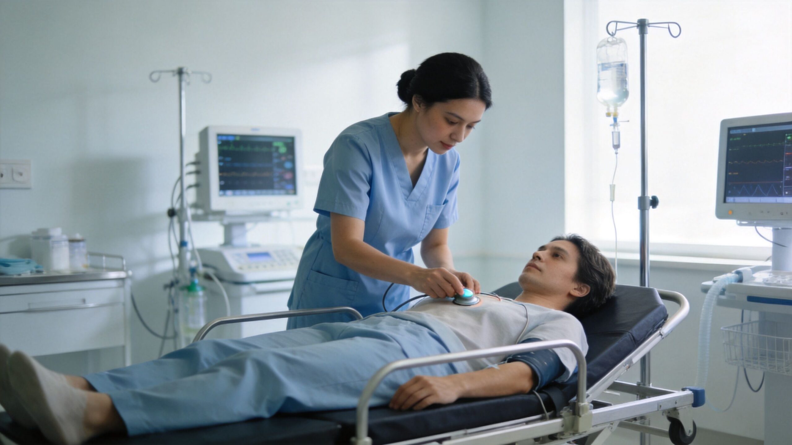 A nurse in a blue uniform checks a patient's heart rate in a bright hospital room.