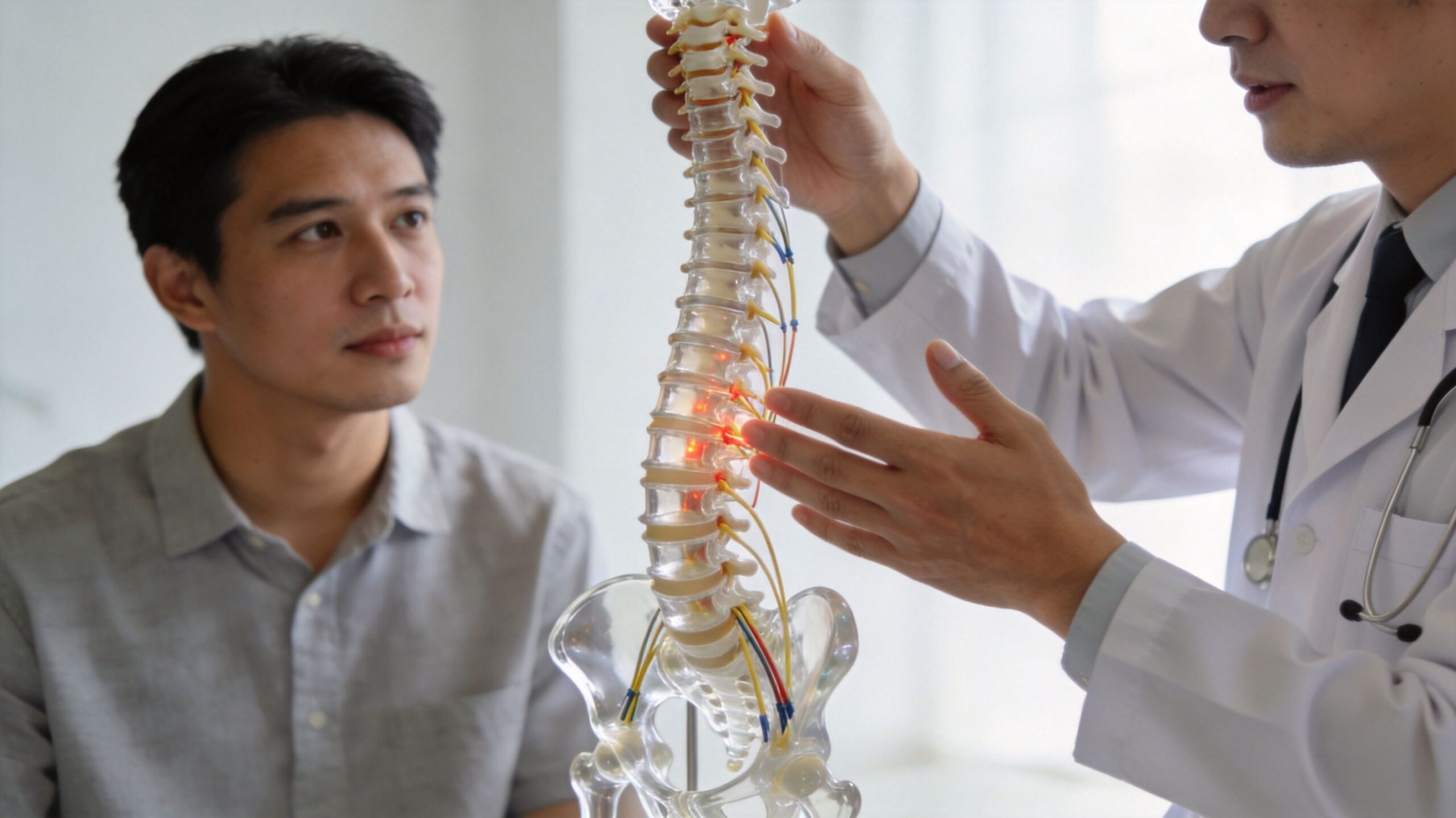 A doctor uses a spinal model to explain medical conditions to a patient in a clinic.